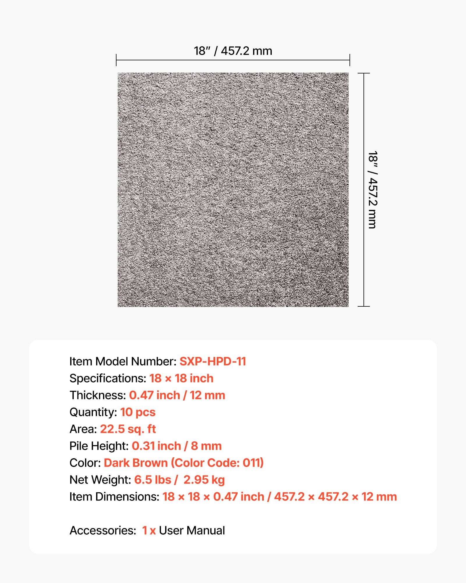 Losetas de moqueta autoadhesivas cuadradas VEVOR 45,7 x 45,7 cm, 10 unidades, para salón y dormitorio, cobertura sin costuras, 2 m², 12 mm de grosor - 7