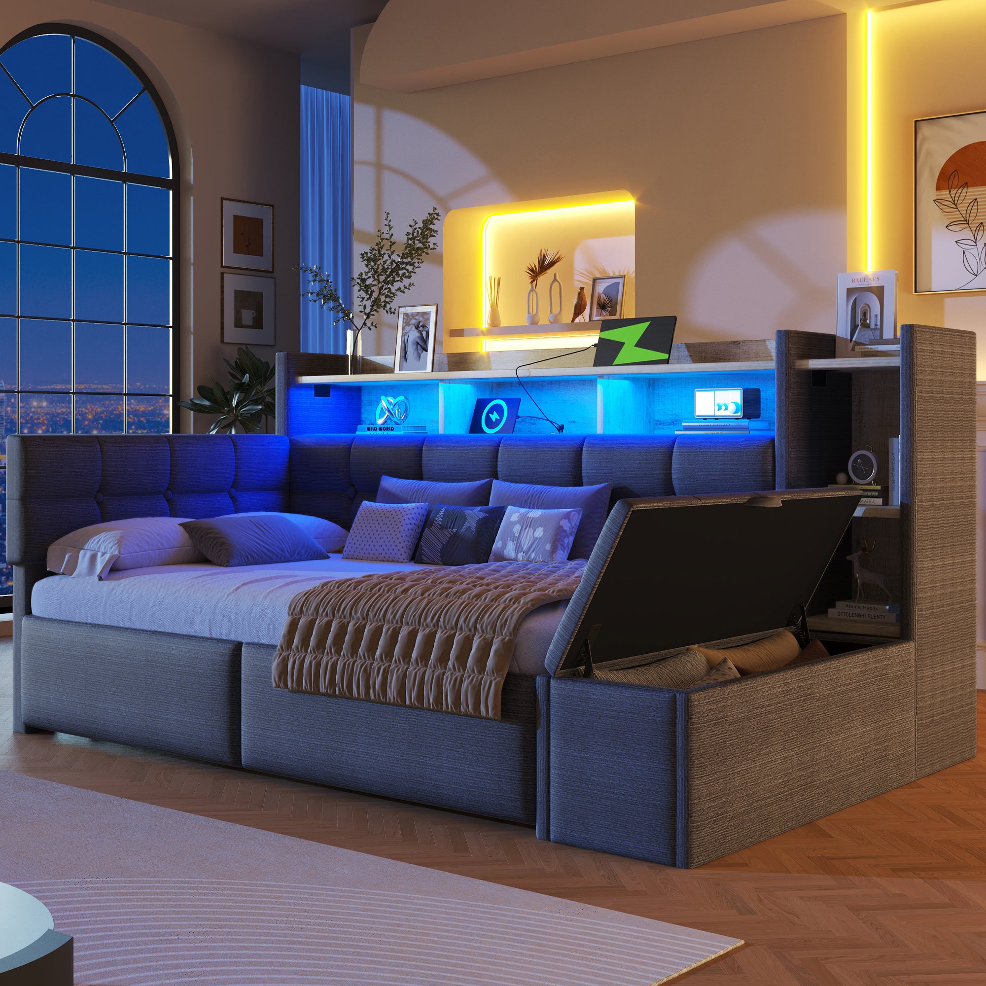 Sofa rozkładana 90 x 190 cm - z 2 szufladami - z portami USB + Type-C - z oświetleniem LED - tkanina welurowa - ciemnoszara