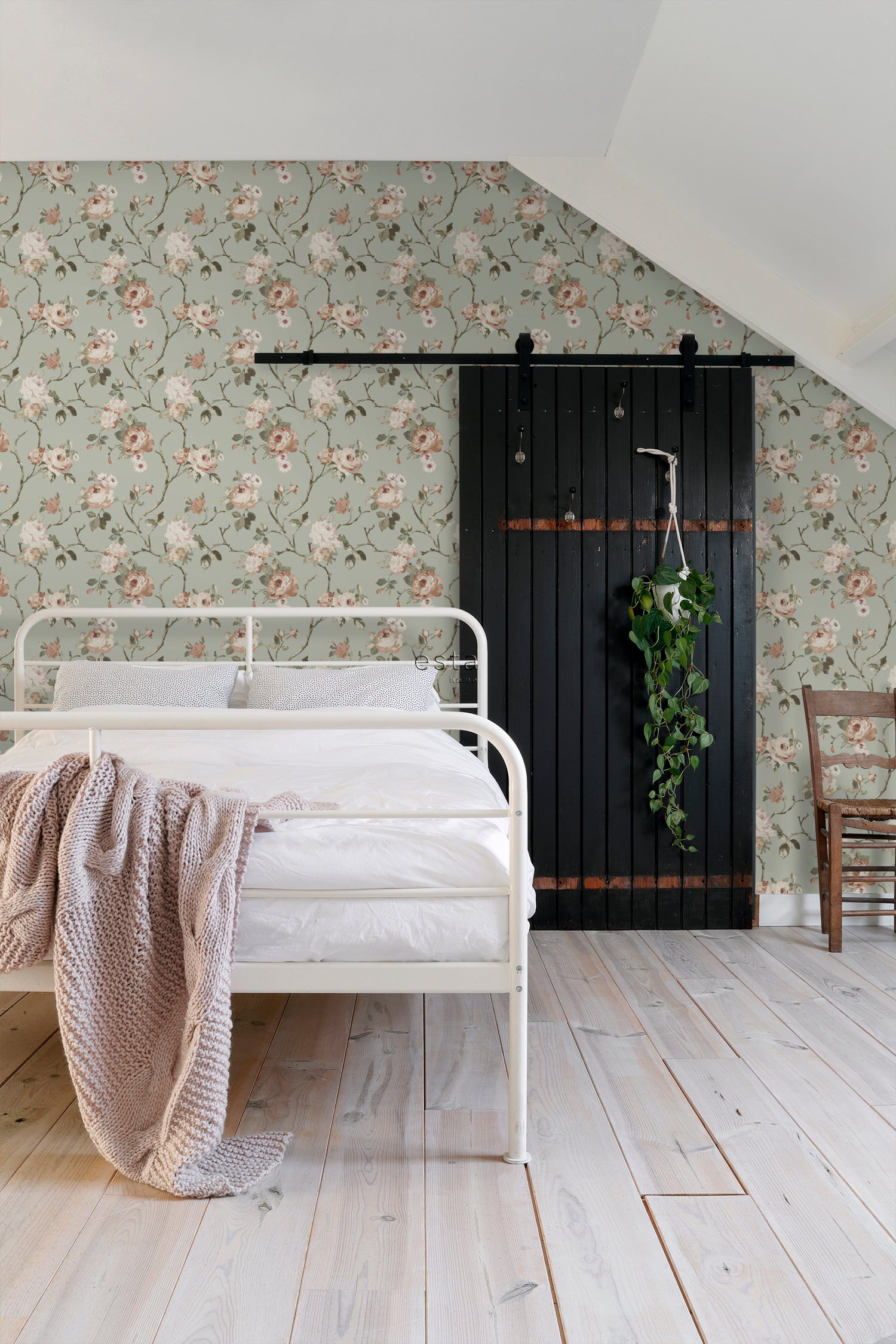 Papel de parede flores vintage verde menta acinzentadoerosa suave - 53 cm x 10.05 m - ESTAhome - 3