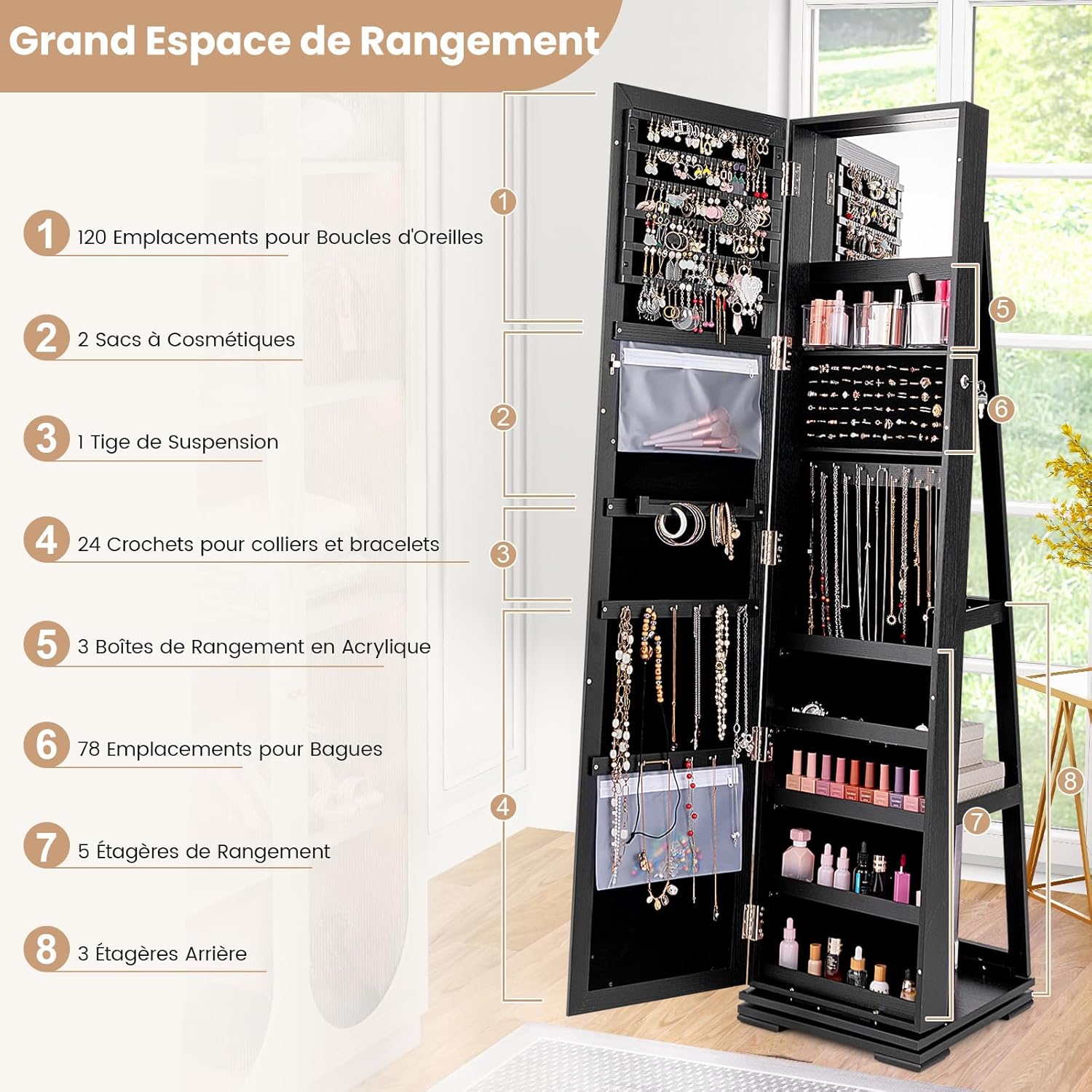 Armoire à Bijoux Pivotante à 360 Degrés sur Pieds,avec Grand Miroir Psyché et Etagère de Rangement à L’Arrière (Noir) - 6