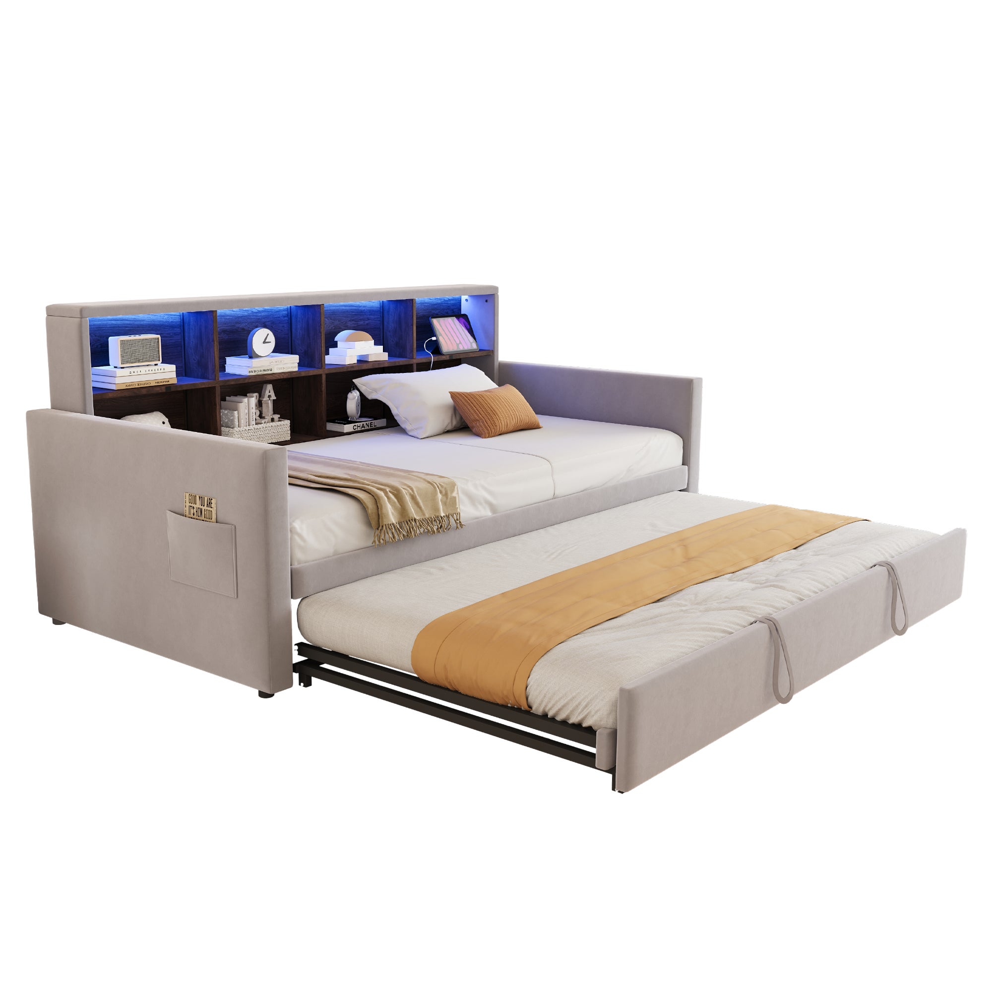 Rozkładana sofa z poduszkami 90x190cm - z oświetleniem LED - z gniazdem ładowania - z wysuwane łóżko - tkanina welurowa - Jasnoszary - 7
