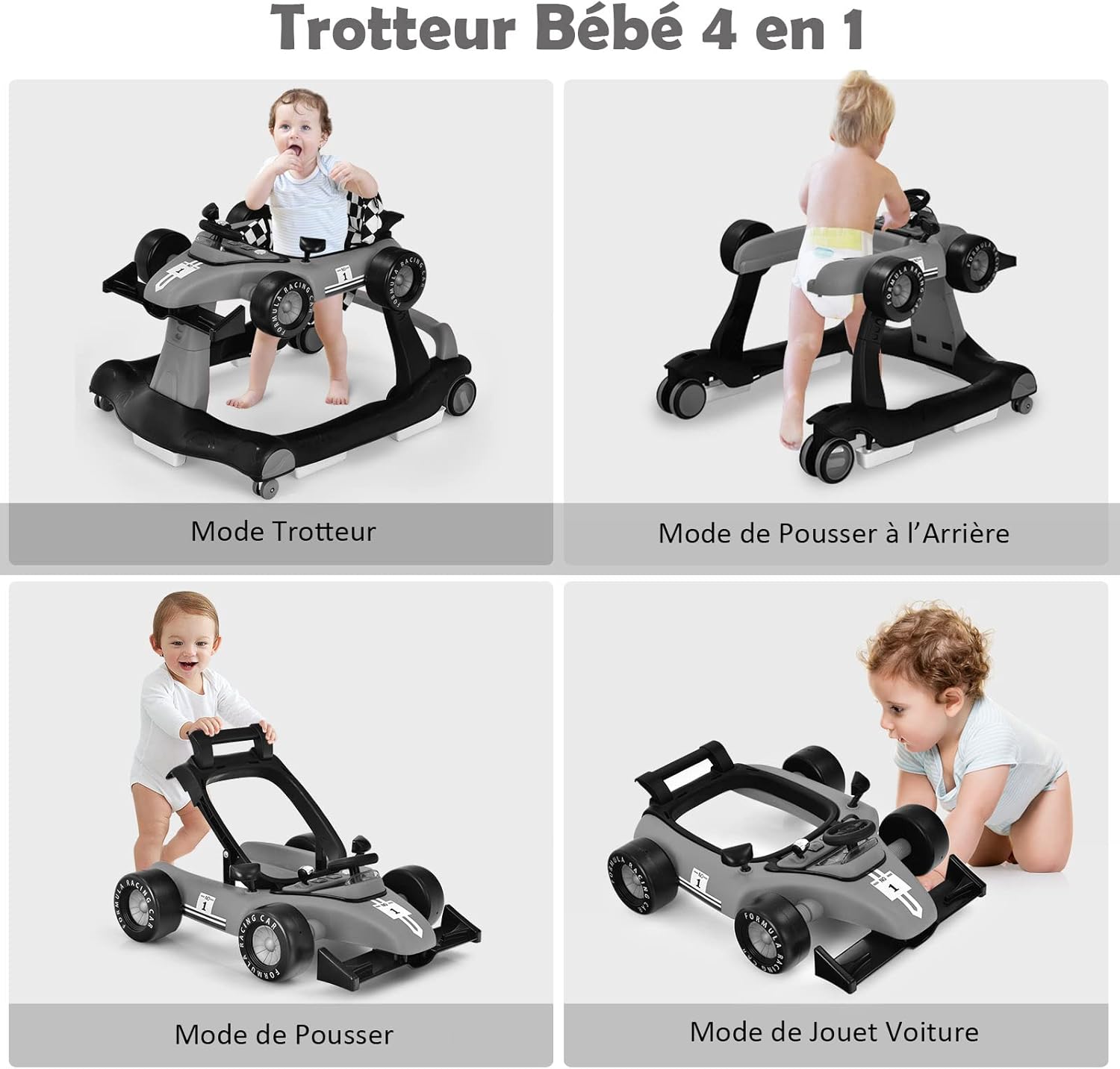 Andadores para Bebé, Andadores para Bebé 4 em 1 com 3 Alturas Ajustáveis, com Música e Luz, Carga 12 kg, para 6 a 18 Meses (Cinza) - 2