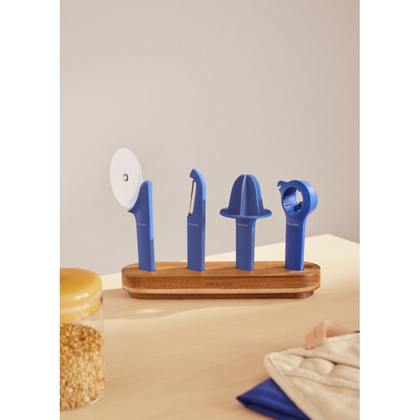 CREATE - KITCHENWARE STUDIO - Zestaw 4 przyborów kuchennych z drewnianym stojakiem - Bleu cobalt