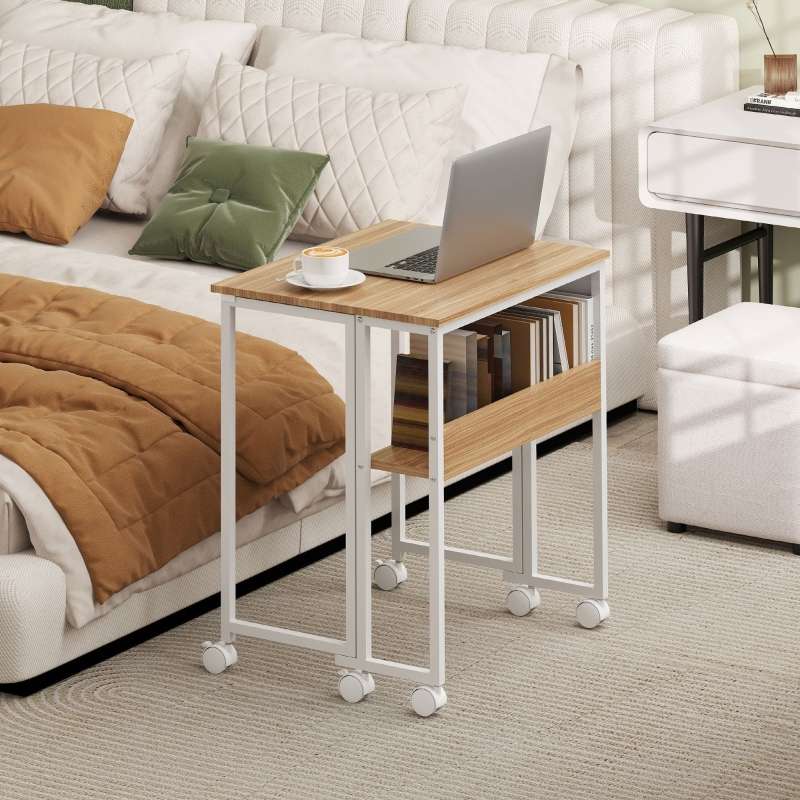 Bureau pliant compact avec roulettes, table d’ordinateur pratique avec étagère et rangement, meuble gain de place pour home office - 8