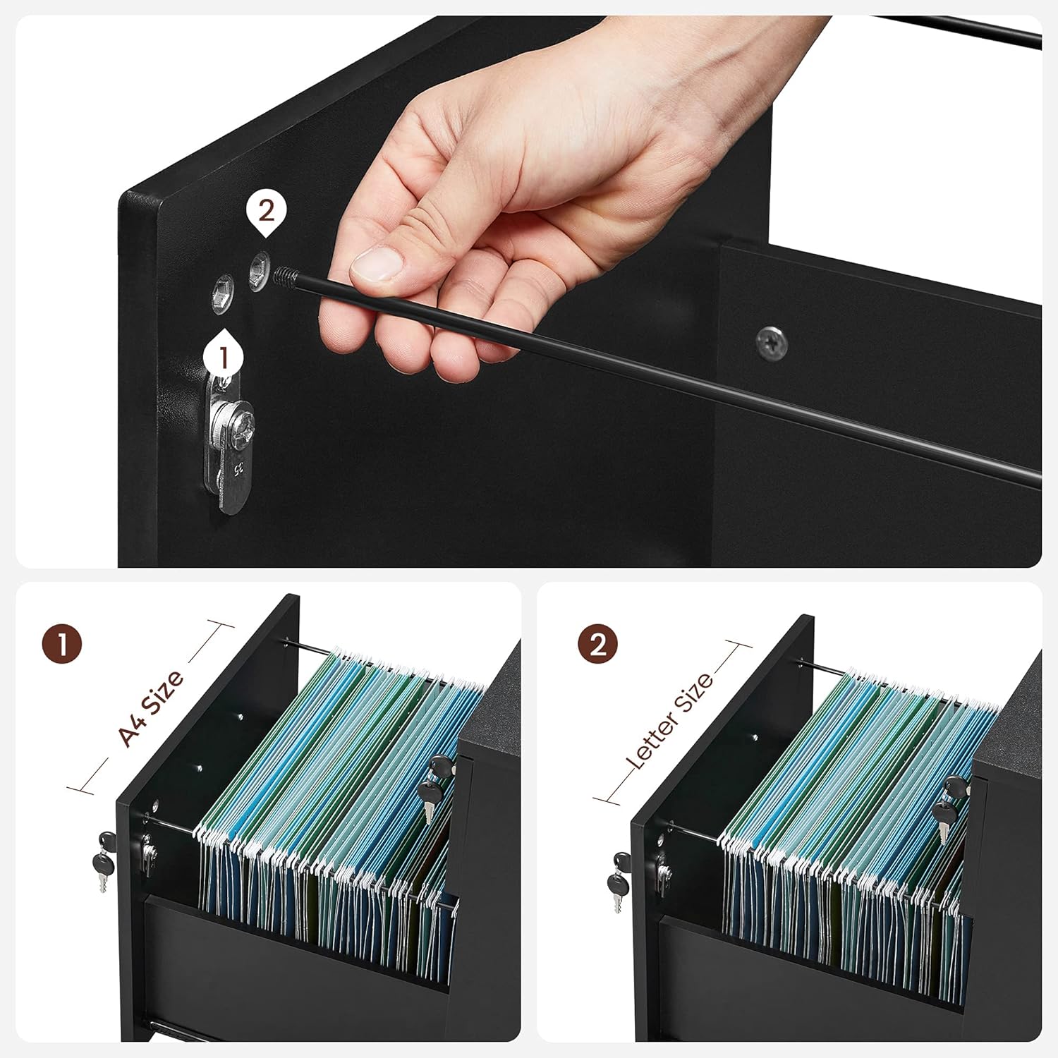 Caisson De Bureau, Caisson De Rangement, Classeur, 1 Tiroirs Pour Dossiers Suspendus, Noir - 4