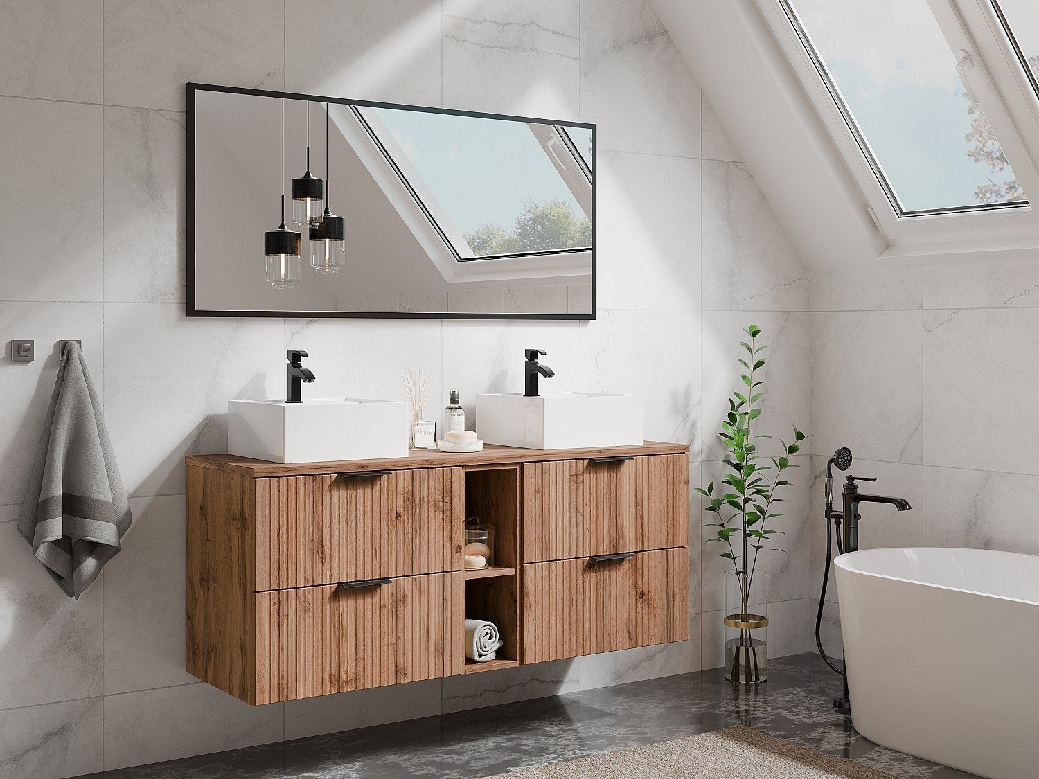 Szafka pod umywalkę wisząca ryflowana z wnękami - Naturalny jasny - szer. 140 cm - ZEVARA