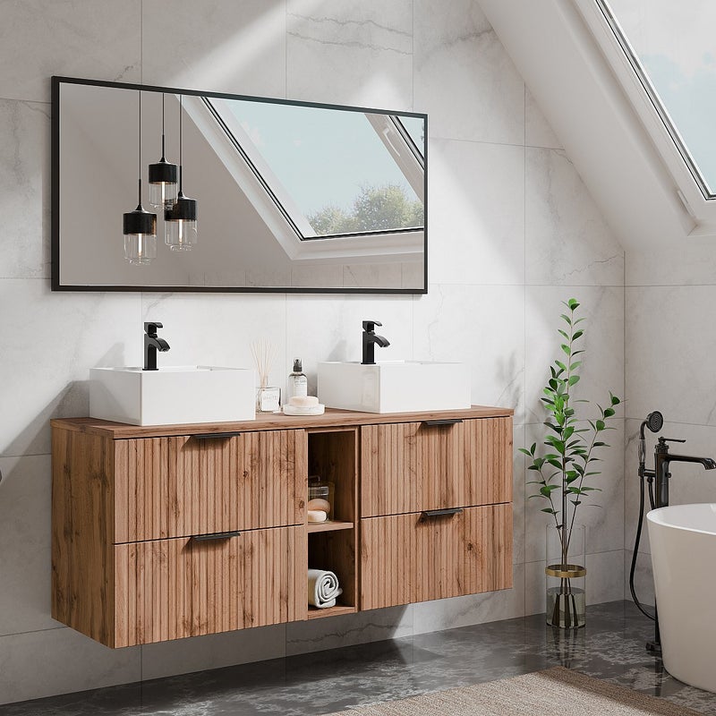 Szafka pod umywalkę wisząca ryflowana z wnękami - Naturalny jasny - szer. 140 cm - ZEVARA