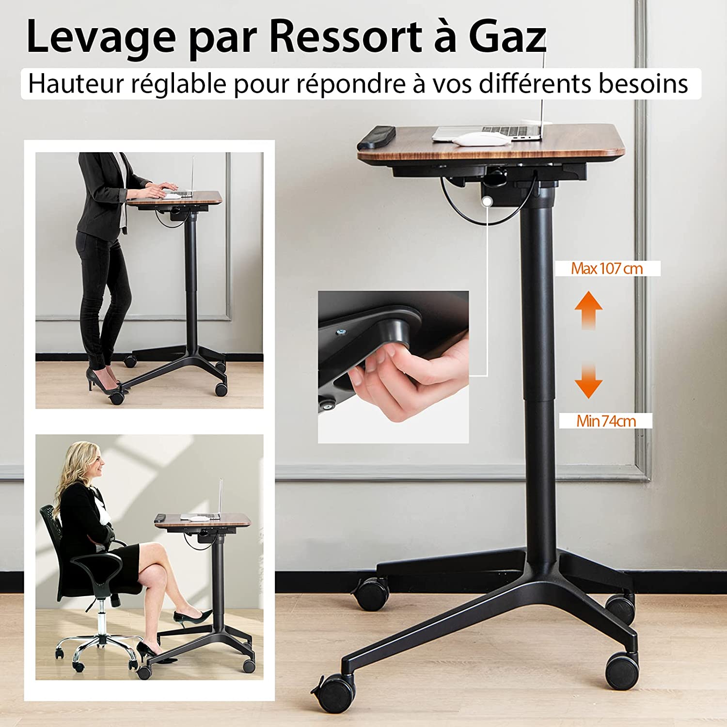 Bureau Mobile Réglable Rolanstar – Hauteur 72-106cm, Plateau 68x40cm, Tiroir Et Porte-gobelet, Roulettes