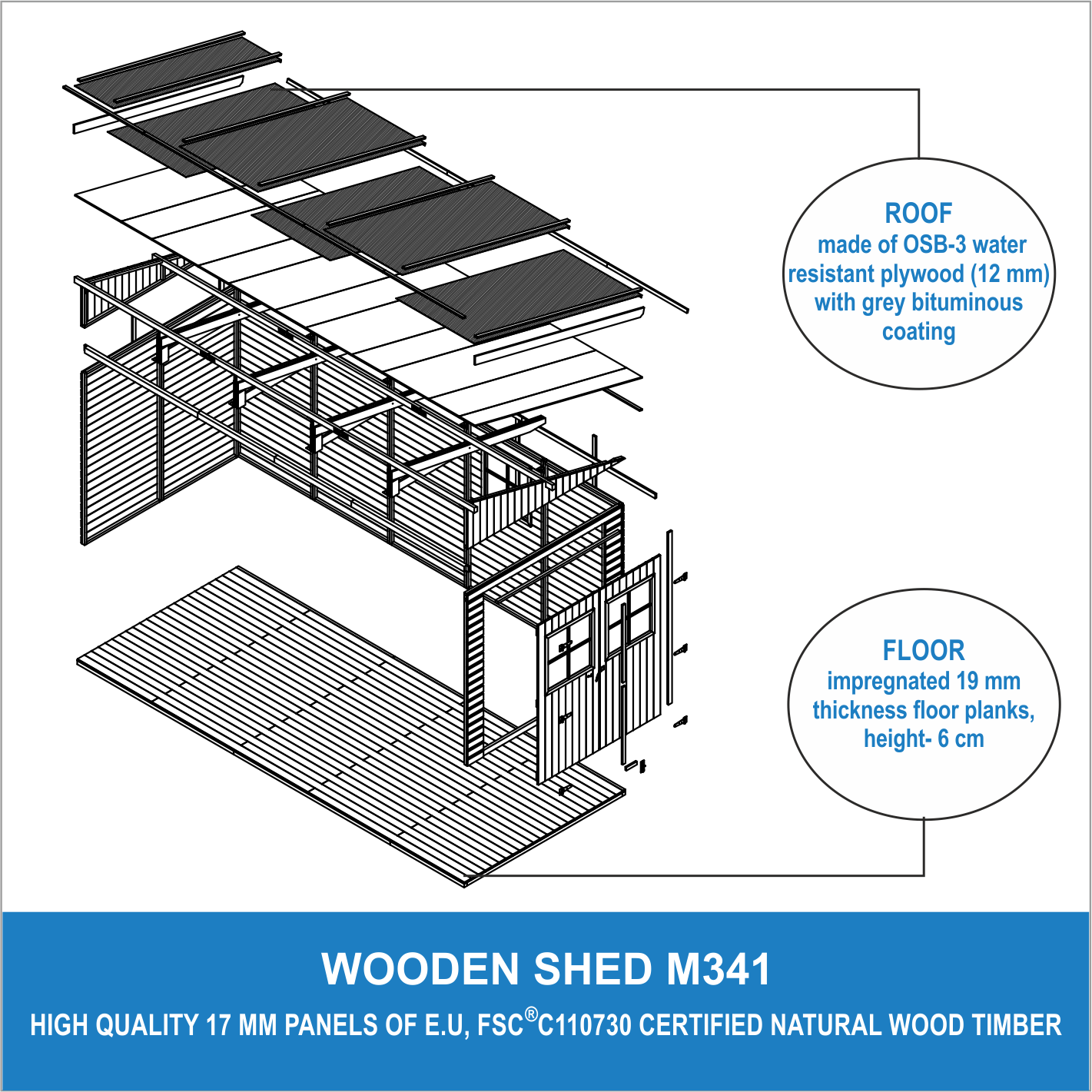 Cobertizo de madera para jardín SIN PARED LATERAL- CON SUELO TRATADO – H244x211x514 cm/10m2 Cobertizo de madera natural - TIMBELA M341+M341G - 7