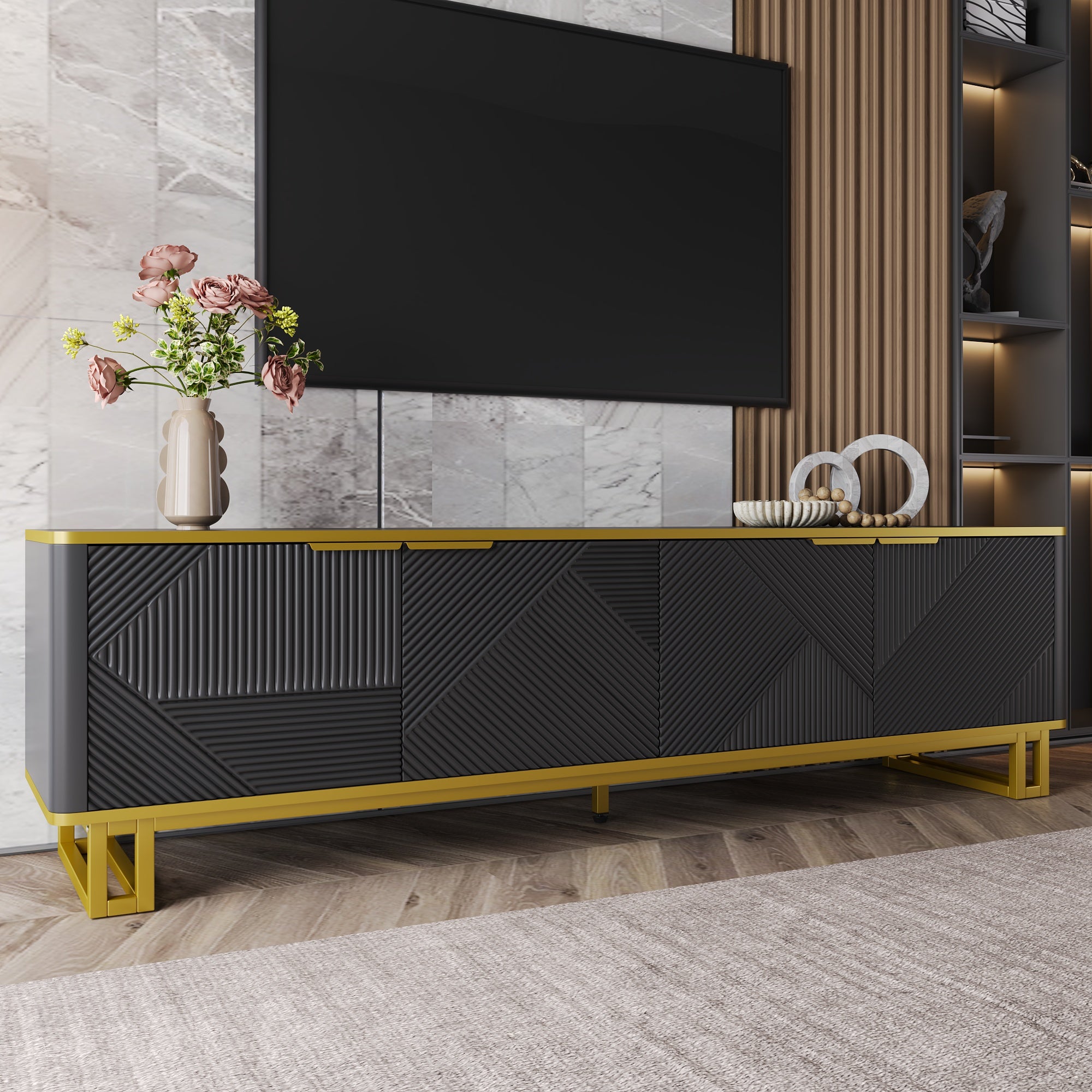 Stojak pod TV z 4 drzwiami - 160 x 37,5 x 48 cm - MDF i nogi z metalu w kolorze złotym - Czarny - 9