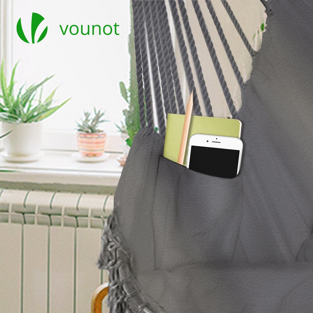 VOUNOT® Chaise hamac suspendue à franges - siège balançoire en coton doux avec 2 coussins - portable pour intérieur et extérieur - gris - 6