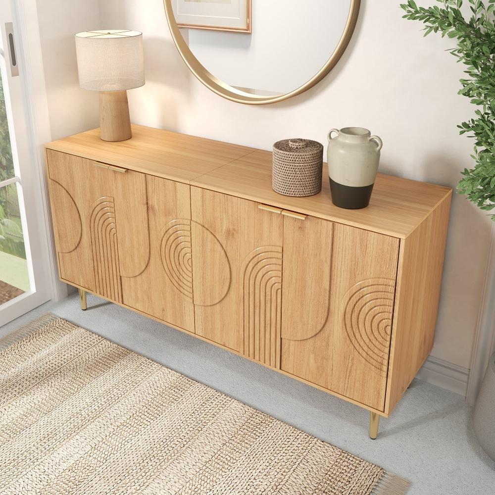 Nowoczesny kredens z naturalnego drewna z 4 drzwiami i przestrzenią do przechowywania, 140 x 40 x 72 cm, elegancki i funkcjonalny - 5