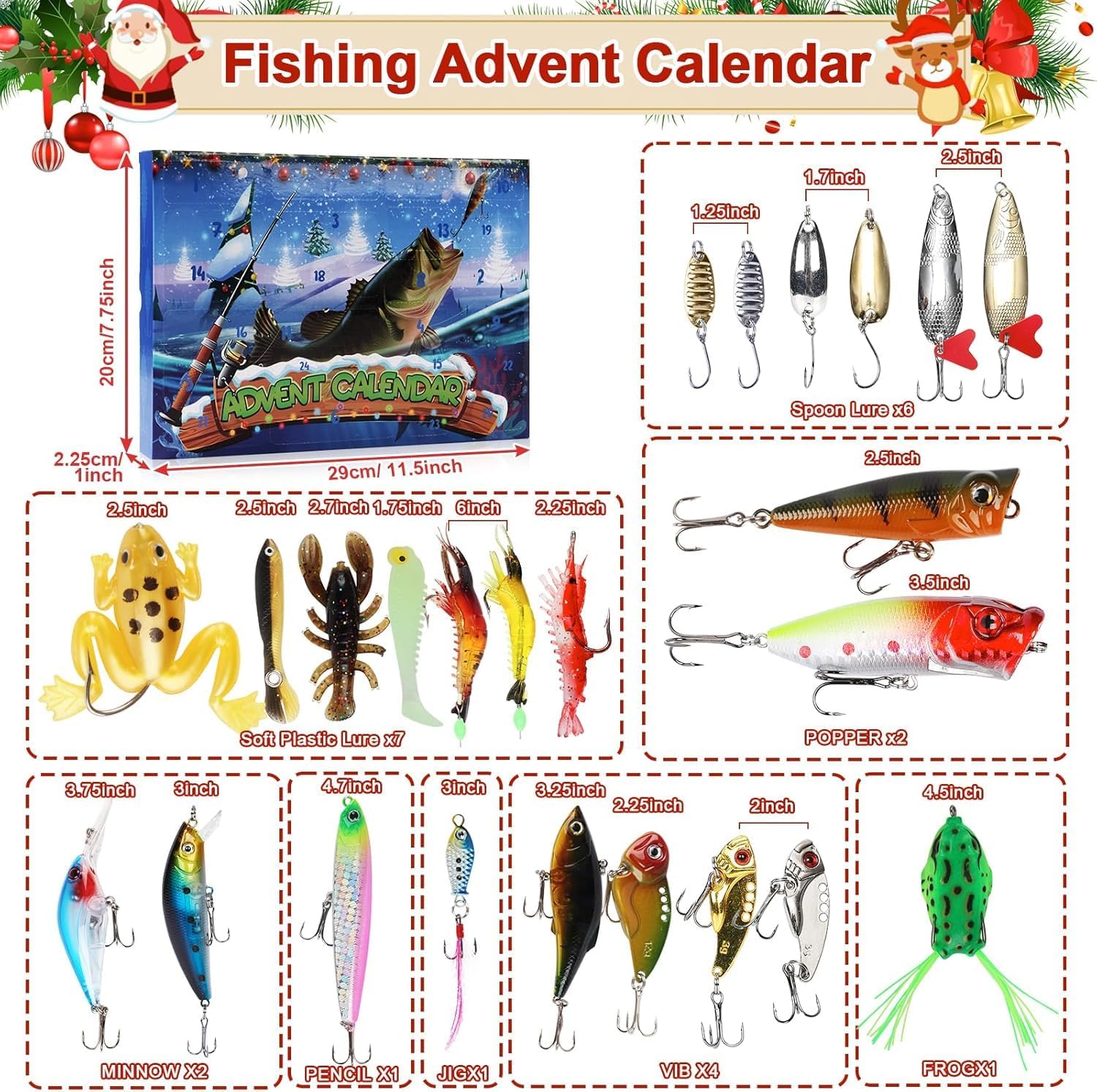 Calendario Dell'Avvento 2025 Con Esche Da Pesca, Regalo Di Natale Per Uomini Pescatori Set Di Attrezzatura Per Conto Alla Rovescia Di 24 Giorni Con Crankbaits Spinnerbaits Vermi In Plastica 0 0