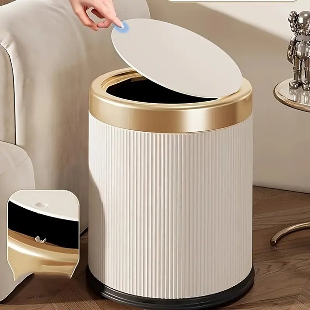 Élégante poubelle ronde en plastique ABS avec couvercle, couleur crème, 12 L, idéale pour la maison, le bureau et l'école.