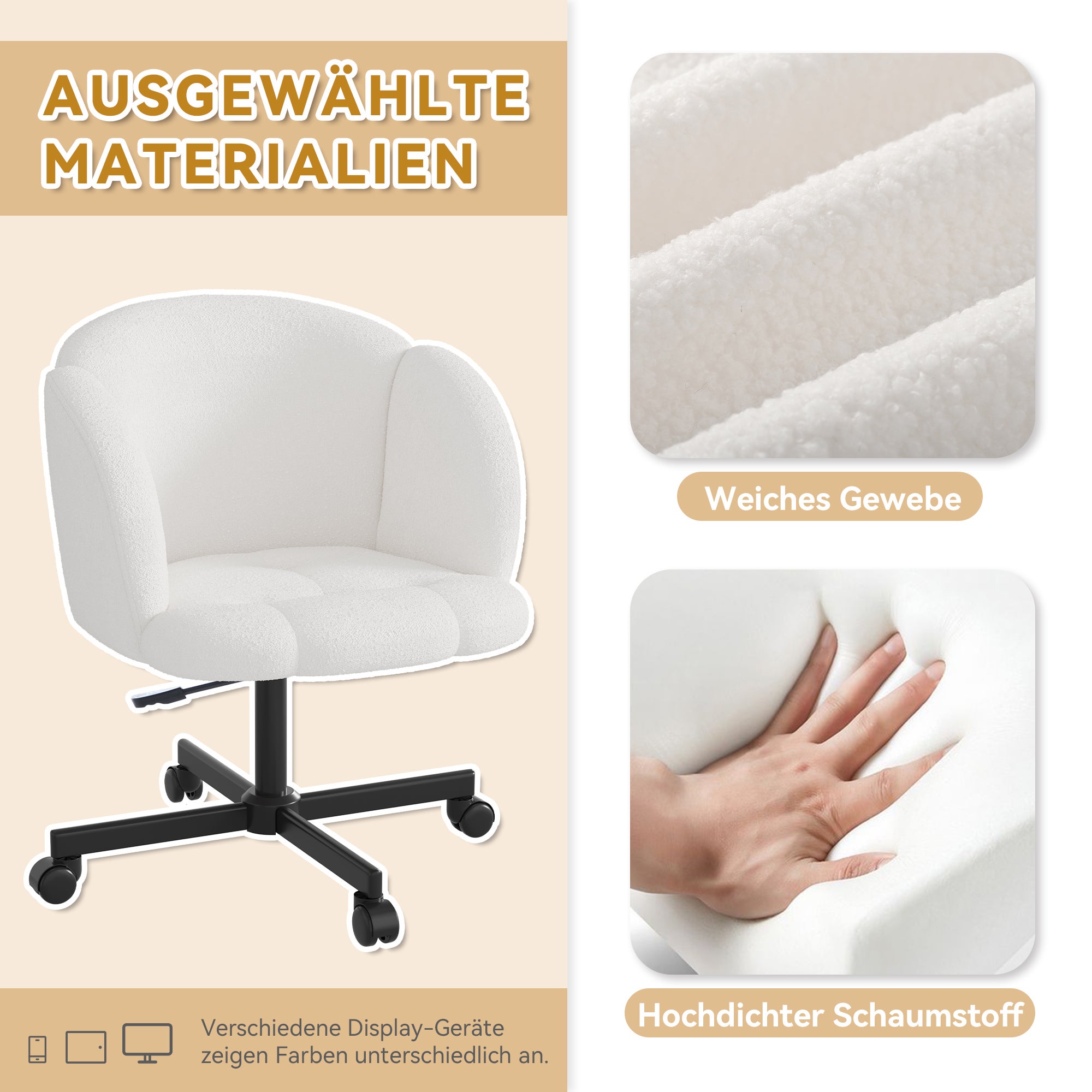 Chaise pivotante réglable avec accoudoirs - L 66 x P 64 x H 77/87 cm - Tissu en peluche - Beige - 7