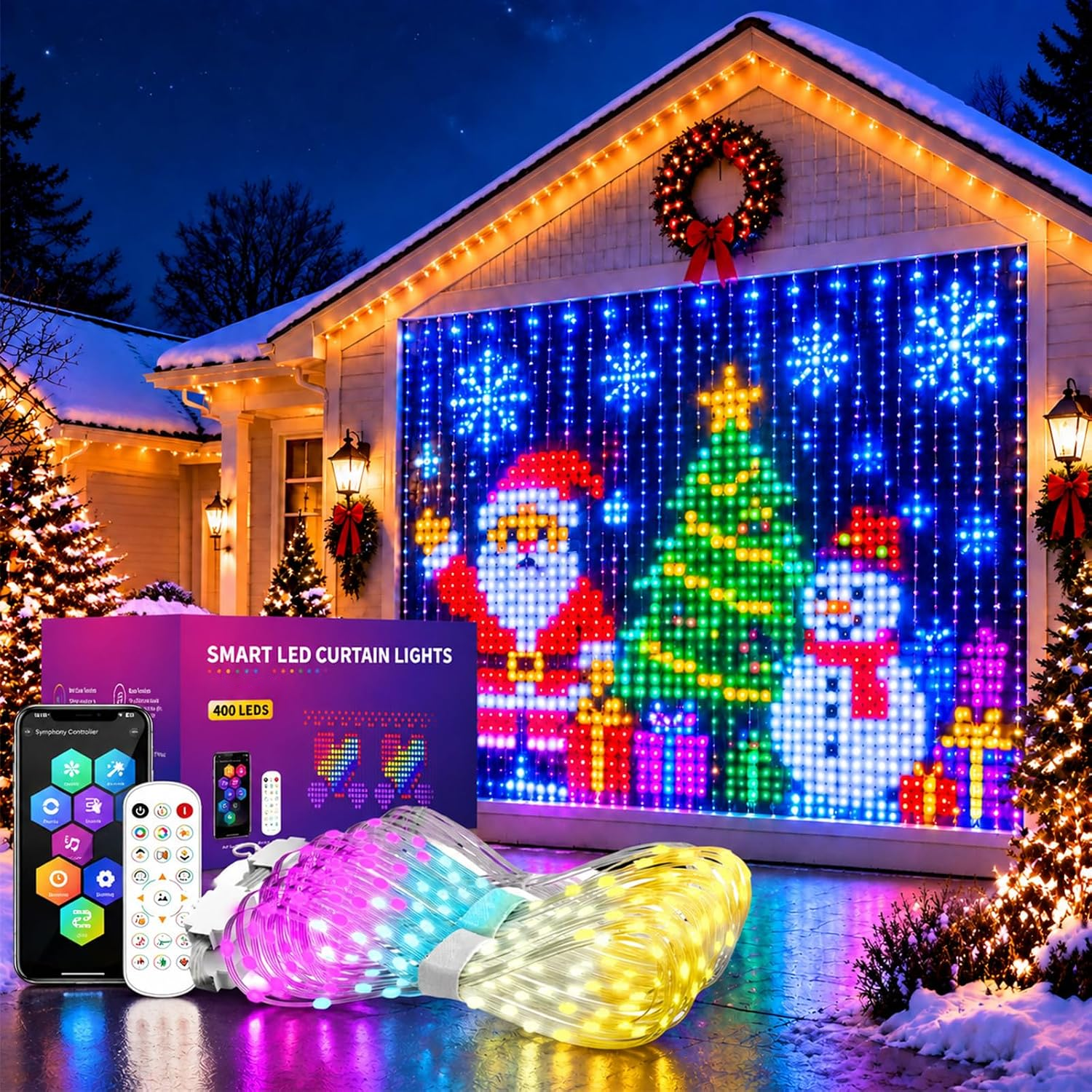 Cortina de luces LED navideñas inteligentes con animación y mando a ...