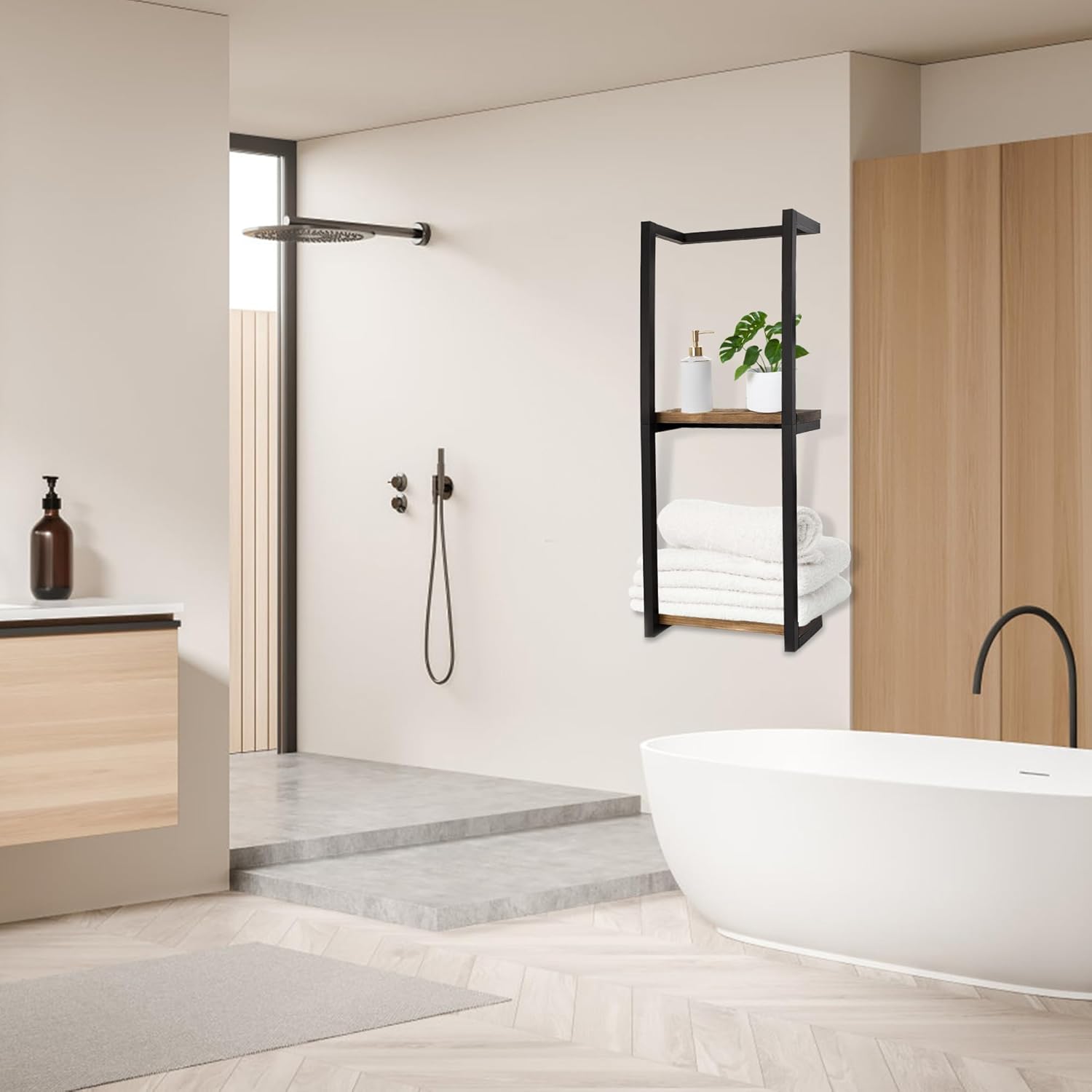 Porte-Serviettes Moderne pour Rouleaux - Étagère Murale Salle de Bain Métal avec Plateau Bois 11x5.5x30 Pouces Noir - 5