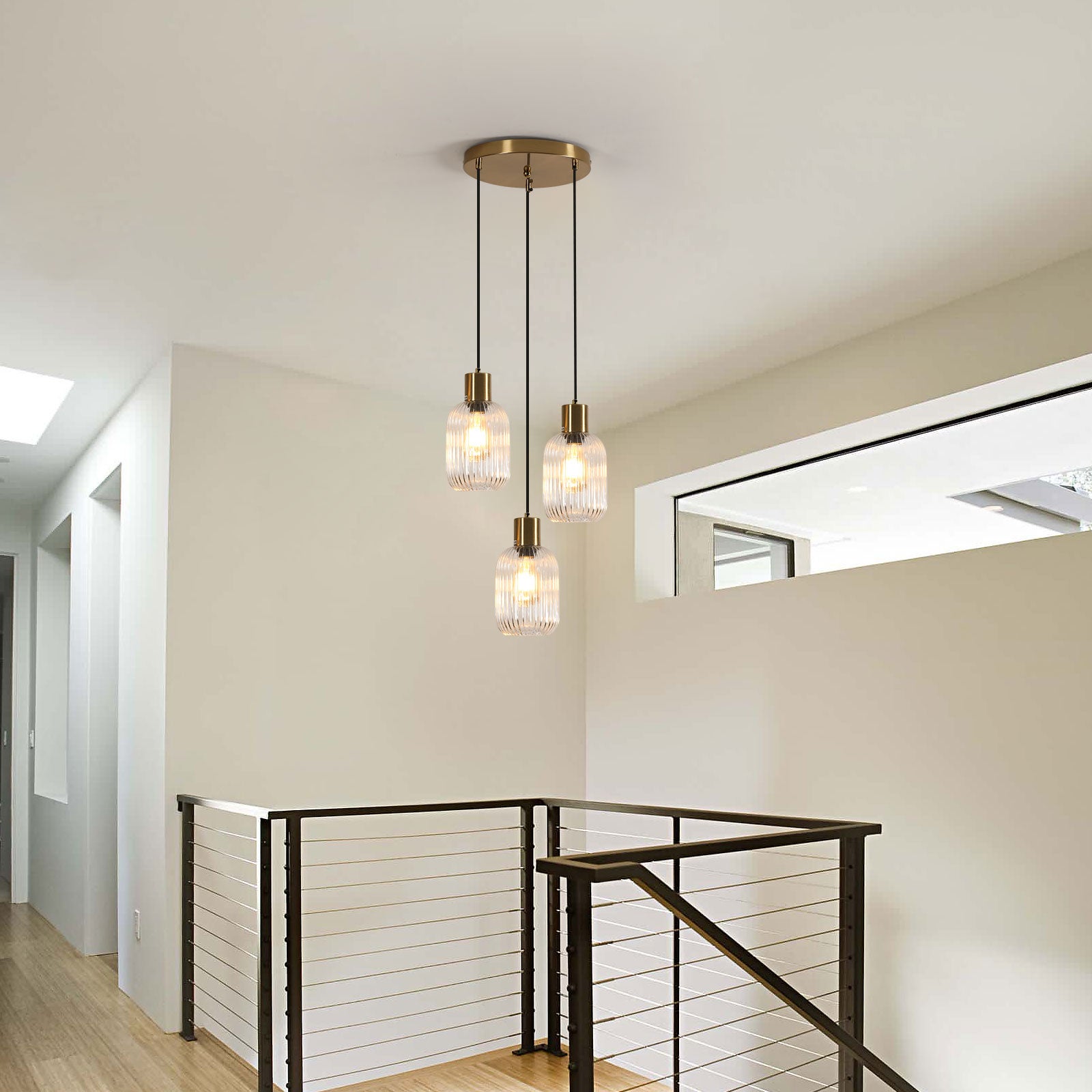 Suspension en verre transparent 3 branches couleur cuivre 73x73x150cm E27 excl. ampoule - 8