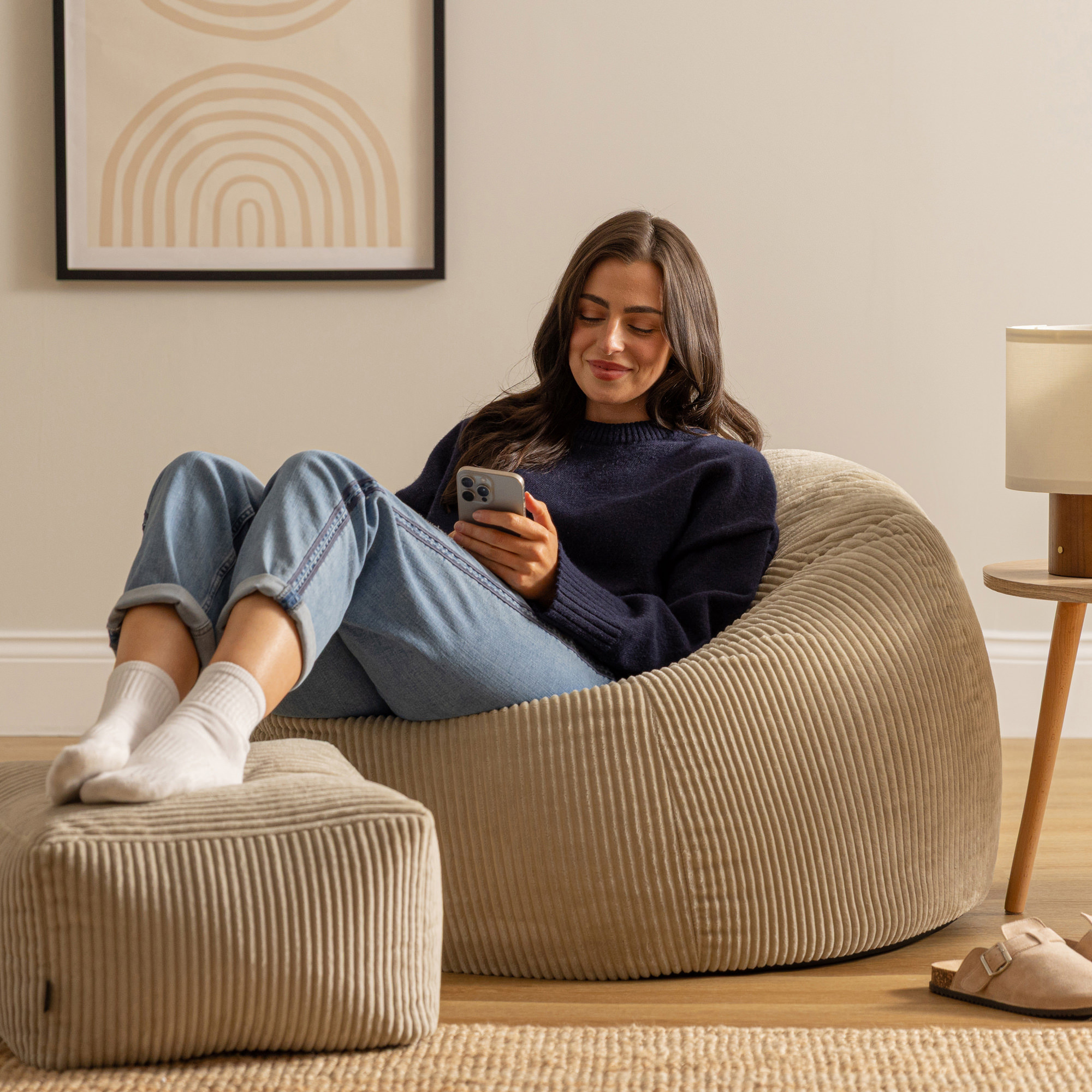 Pouf Icon poggiapiedi Icon, soggiorno, camera da letto, velluto a coste beige ghiaia, 85x85 cm, Made in Germany, Oeko-Tex® - 3