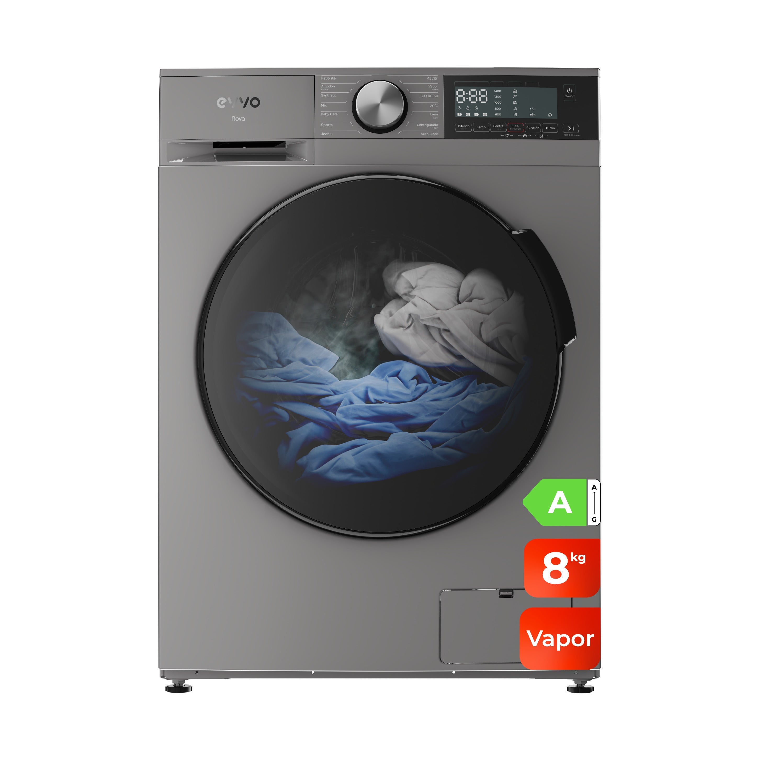 Evvo lavadora 8 kg carga frontal nova 8 - 1350 rpm - clase energética a - motor inverter - tambor diamante eprotect - 14 programas, inox - 60x85x48cm