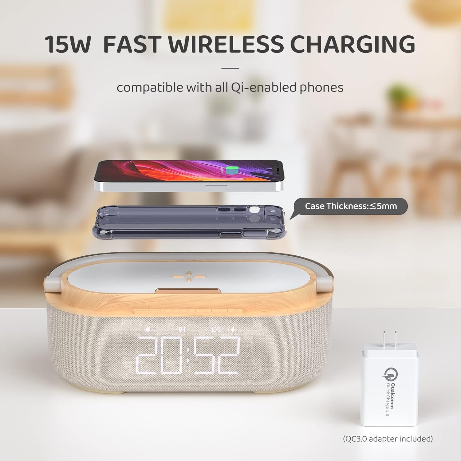 Réveil Bluetooth avec chargeur sans fil, radio FM, veilleuse LED réglable, enceinte portable 6 en 1 pour chambre à coucher, 2&nbsp;500 mAh - 3