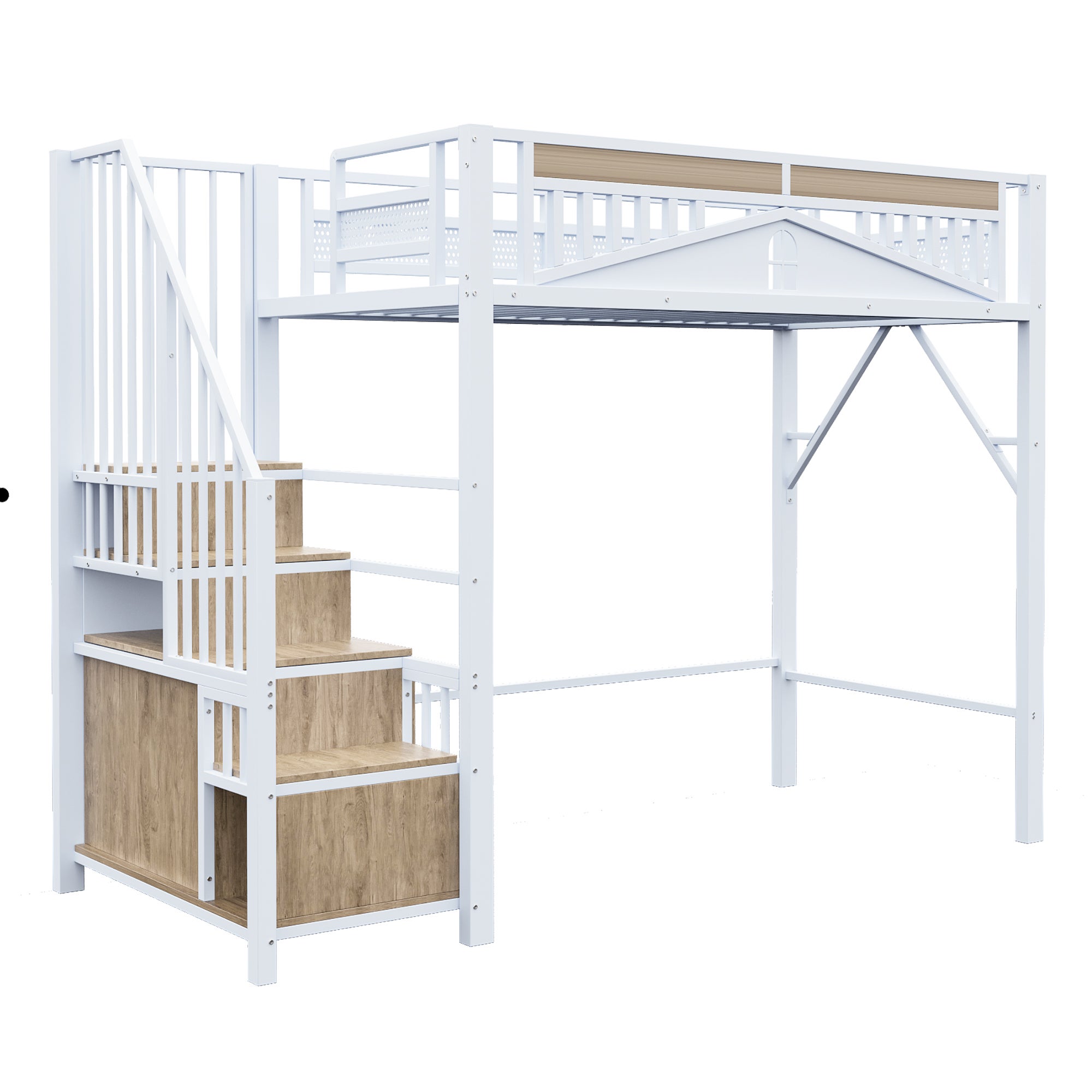 Lit mezzanine métallique 90x200 - avec barrière de sécurité unique, échelle avec penderie - Blanc - 7