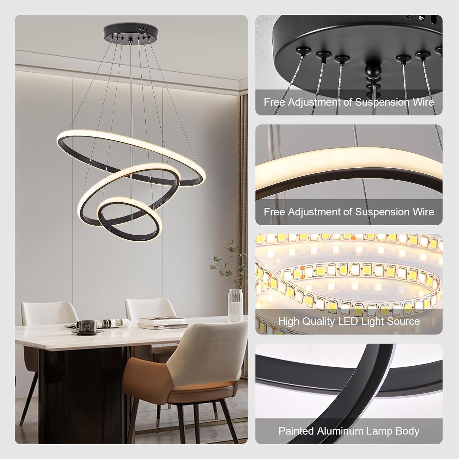 COMELY Suspension LED Moderne Spirale Noir 40W, Lustre 3 Anneaux Dimmable avec Télécommande Ø20+40+60 cm pour Salon Salle à Manger - 3