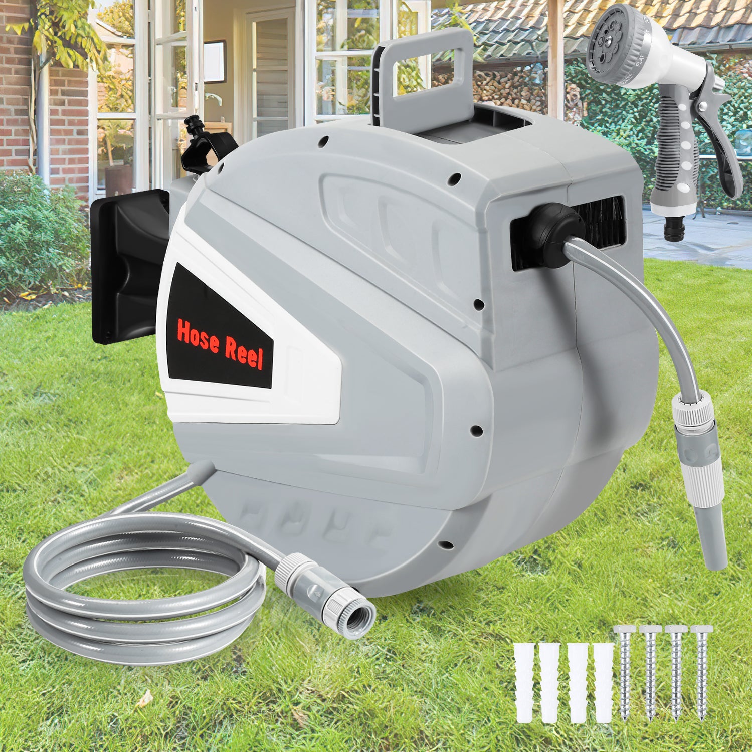 Enrouleur De Tuyau 30+2m Pression 8 Bar avec Pistolet à Eau (9 Modes de Jet Réglables) Rétractation Automatique Pneumatique Pivotant à 180° - 9