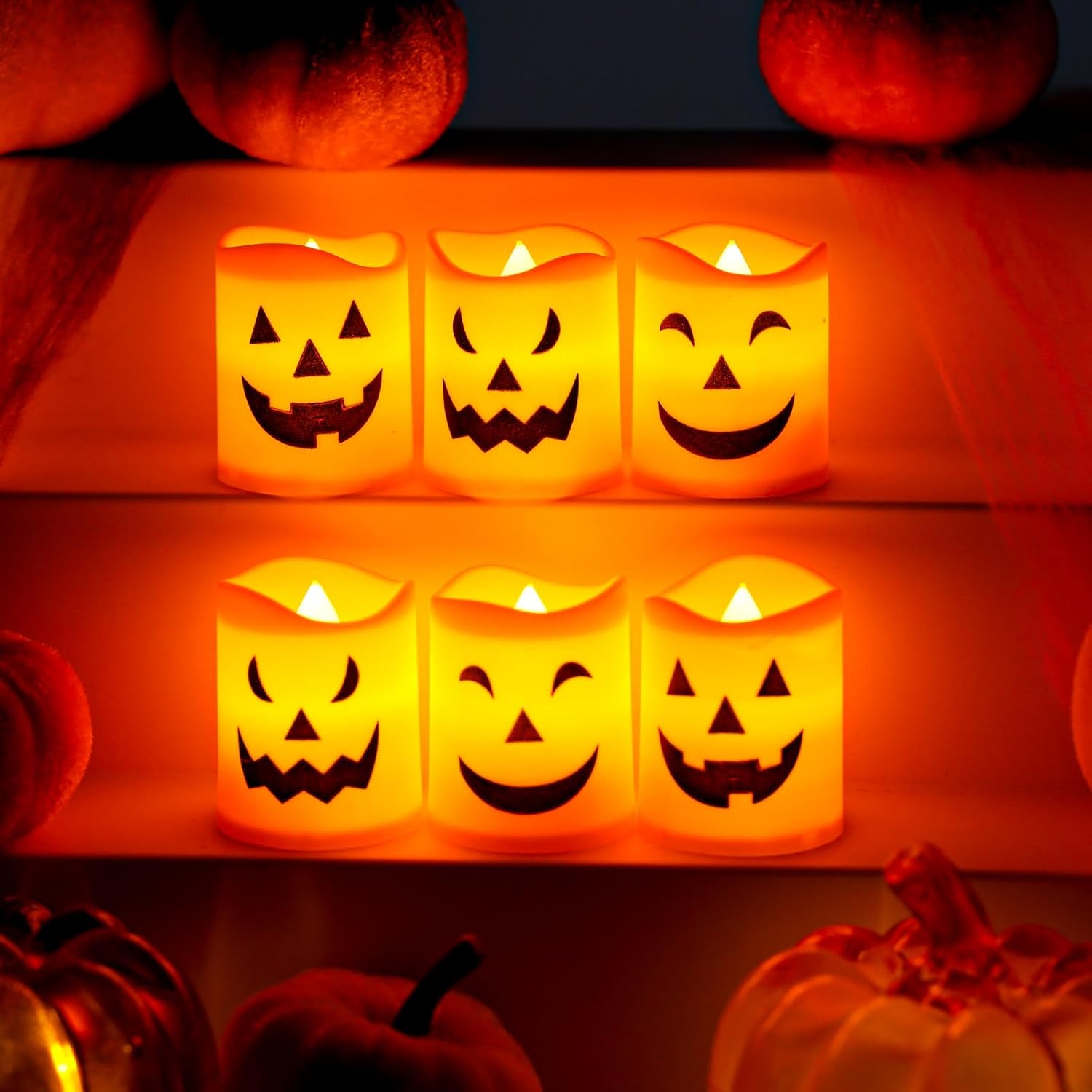 Lot De 6 Bougies LED Halloween Citrouille Sans Flamme - 3 Visages Différents - Lumière Vacillante - Décoration Effrayante Et Sûre