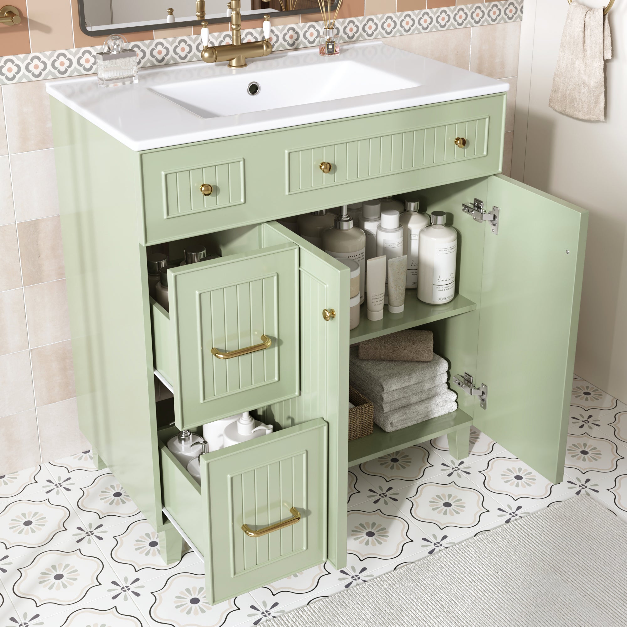 Mobile bagno con lavabo in ceramica - con 2 ante e 2 cassetti - verde (rubinetto non incluso) - 5