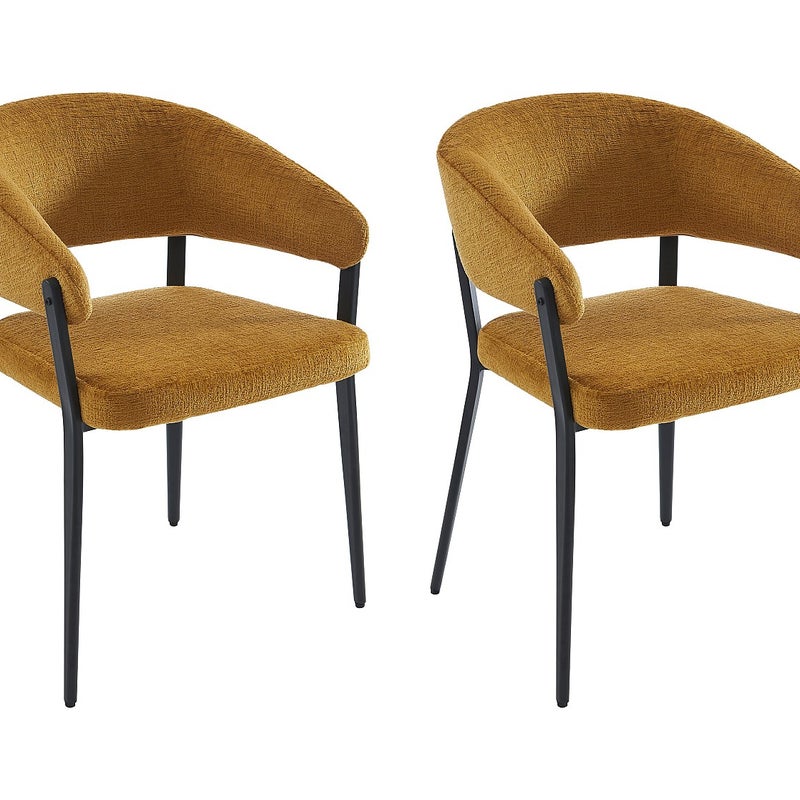Zestaw 2 krzeseł z podłokietnikami z tkaniny i czarnego metalu - Żółty musztardowy - AVRELA