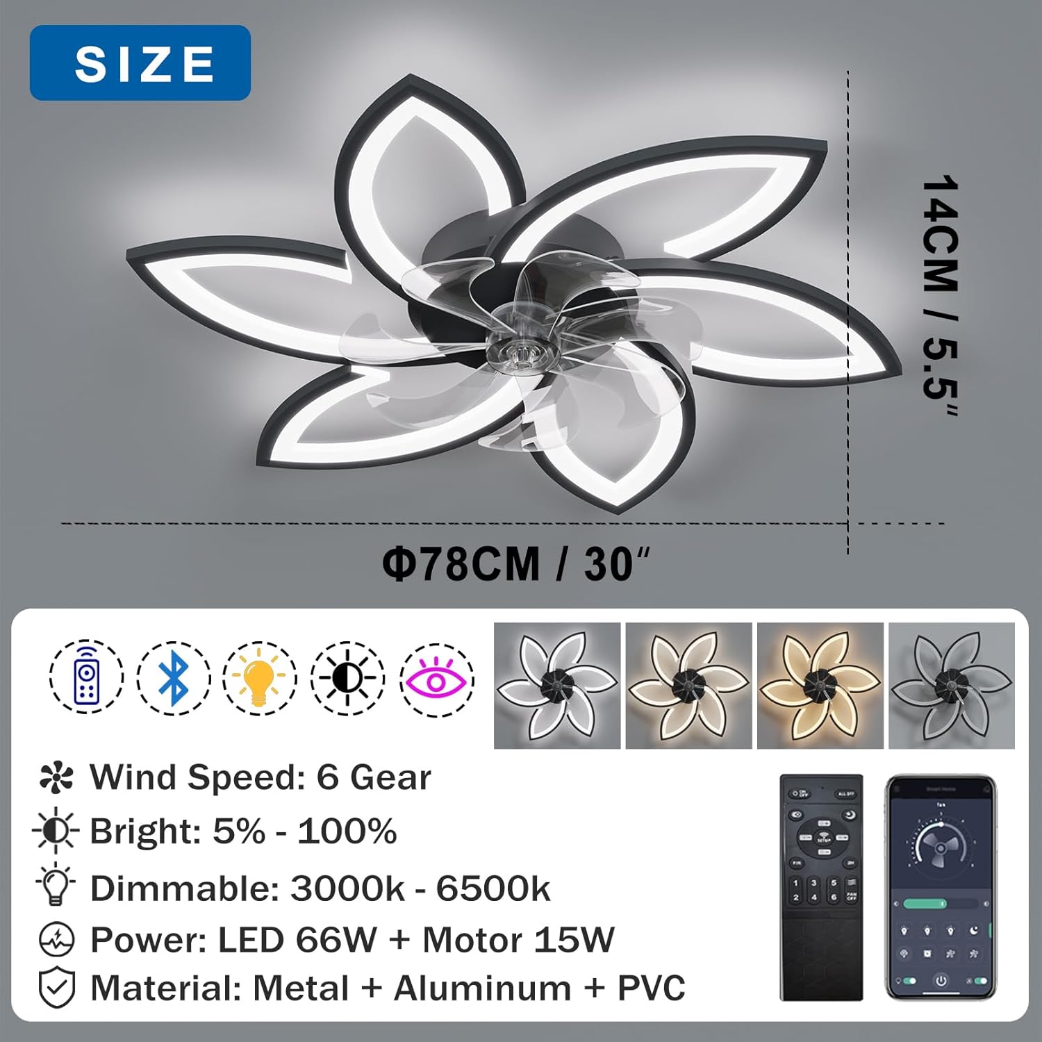 Sourdine Ventilateur de Plafond avec lumière avec télécommande, LED Dimmable Lampe de Plafond Ventilateur de Plafond, Réglable 6 Vitesses, Noir 78CM - 5