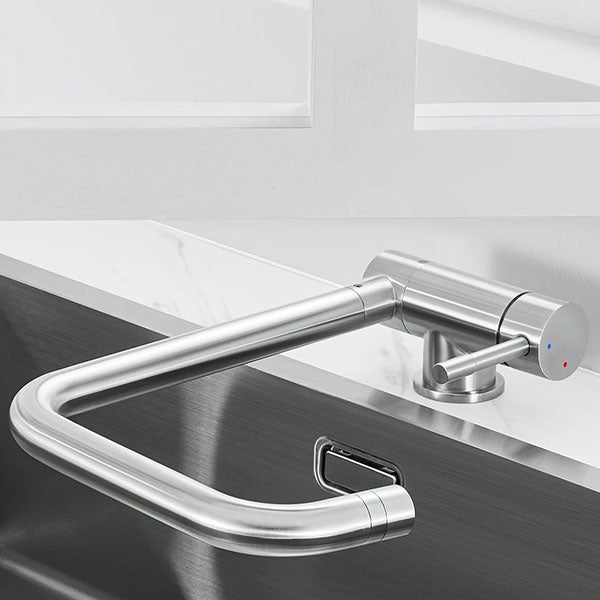 Nowoczesny kran kuchenny - składana konstrukcja z możliwością obrotu o 360° - podwójne pokrętło - rura zasilająca 3/8" - maksymalna elastyczność