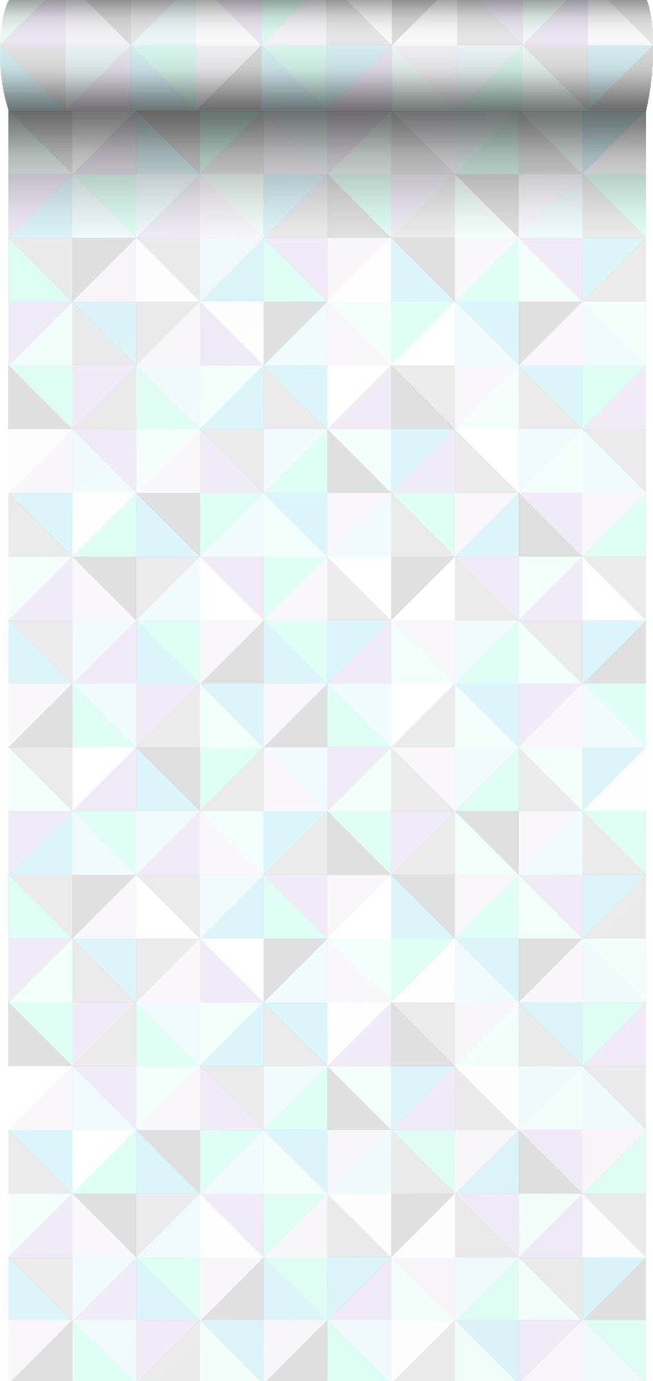 Tapeta trójkąty pastelowego fioletu,miętowej zieleni,lśniąco srebrnoszarymIw pastelowym kolorze niebieskim - 53 cm x 10.05 m - ORIGIN