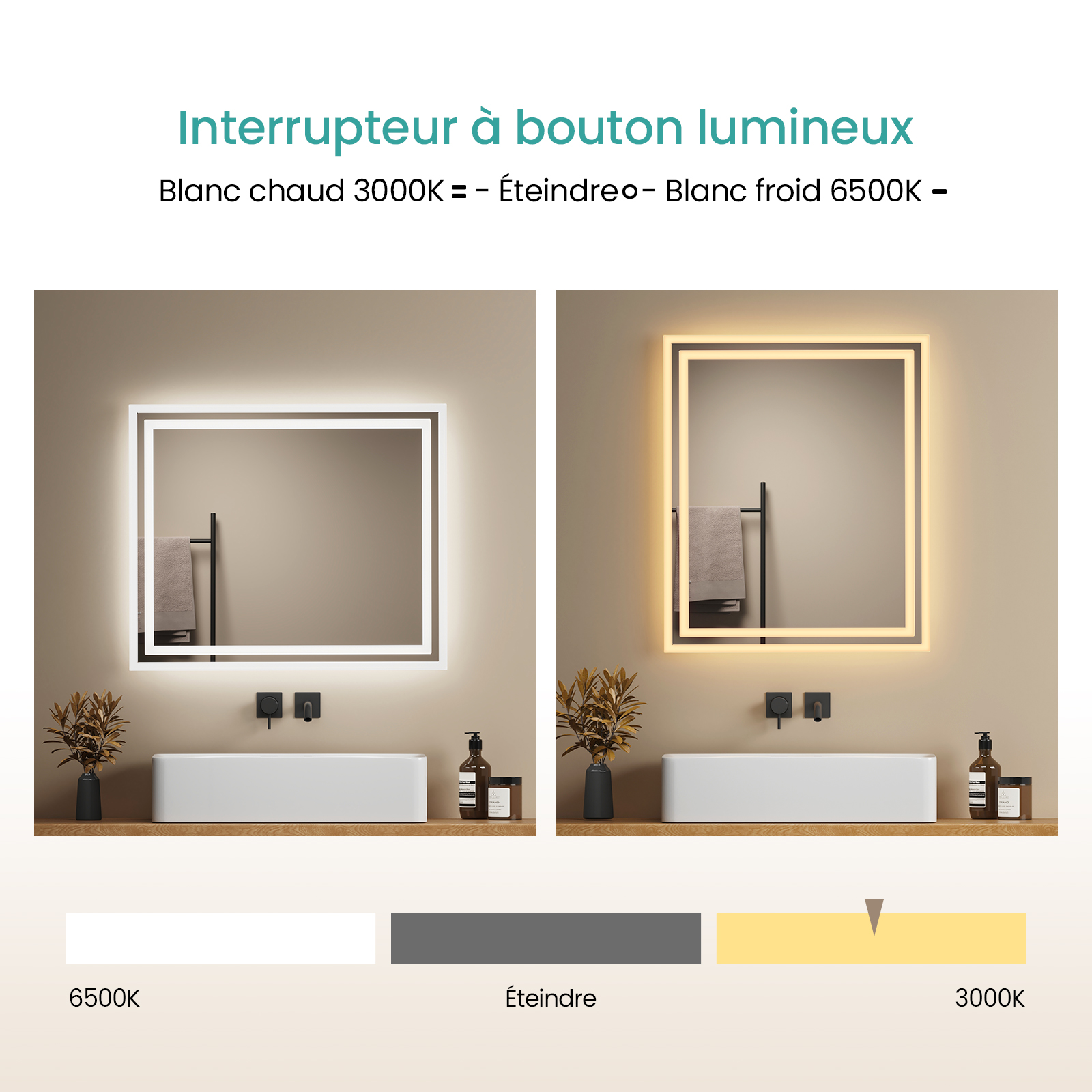 EMKE Miroir lumineux salle de bain 60x50cm, Miroir LED avec Interrupteur à bouton, Anti-buée, Miroir avec éclairage lumière Blanche Froide/Chaude - 3