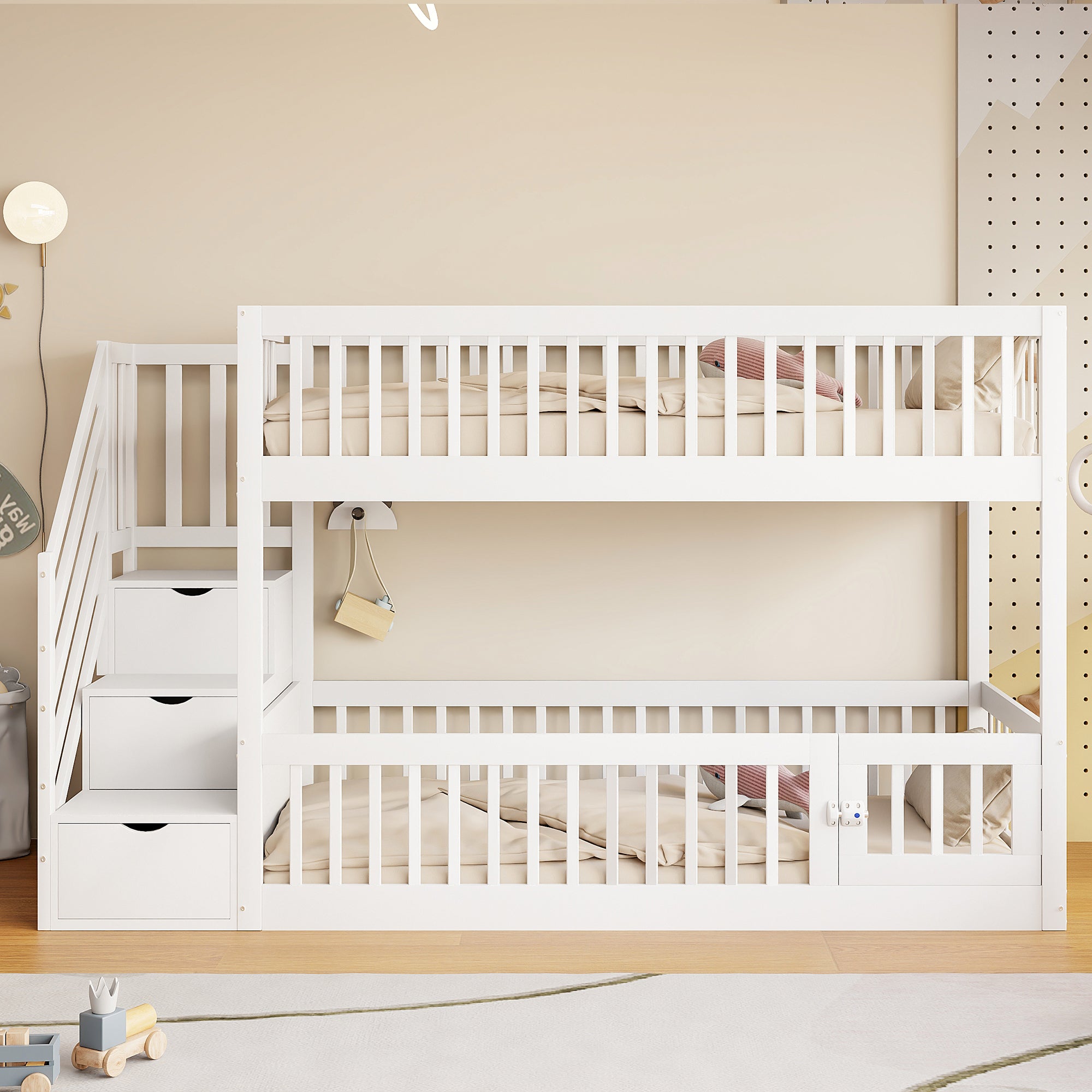 Lit superposé 90x200cm - avec escalier de sécurité - avec 3 tiroirs - Blanc (matelas non inclus) - 2