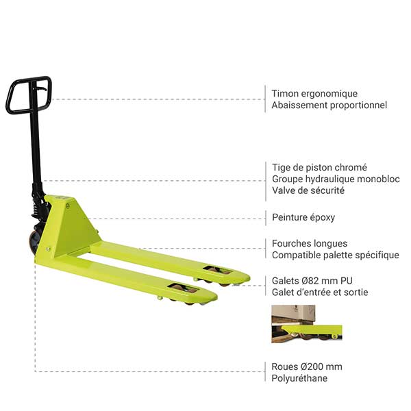 Transpalette manuel à fourches longues 1350x525mm - Capacité 2500kg - Tire palette idéal palette spécifique et longue - TEB71AVY100 - 3