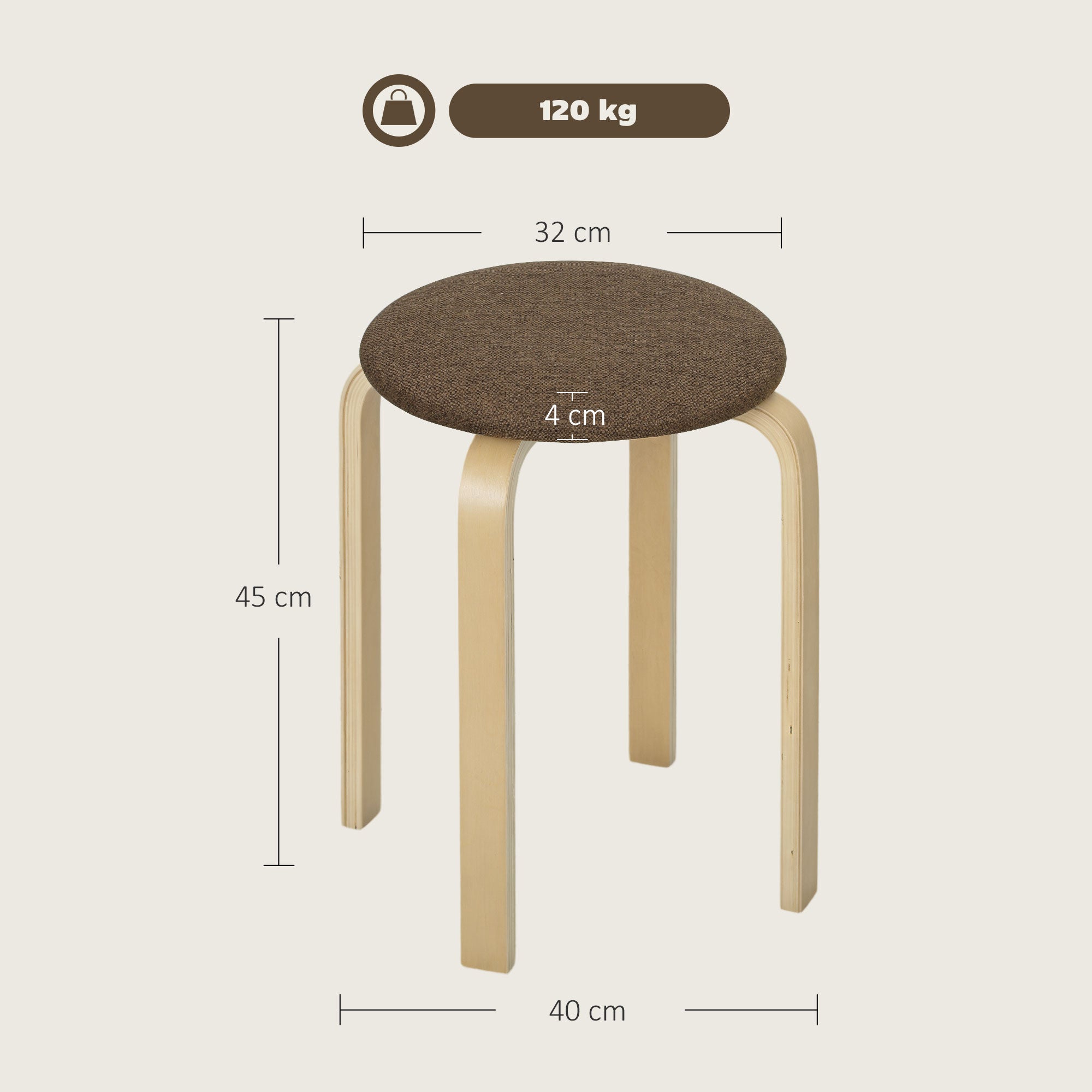 Tabouret rembourré dans un ensemble de 4 jambes empilables, laquée, pieds en bois, marron - 5