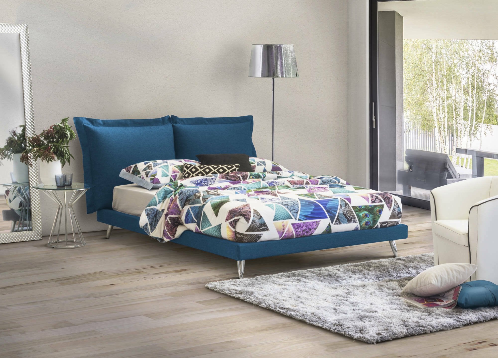 Lit double Anatoly, Lit fixe en tissu avec pieds, 100% Made in Italy, adapté pour matelas 160x190 cm, Bleu - 2