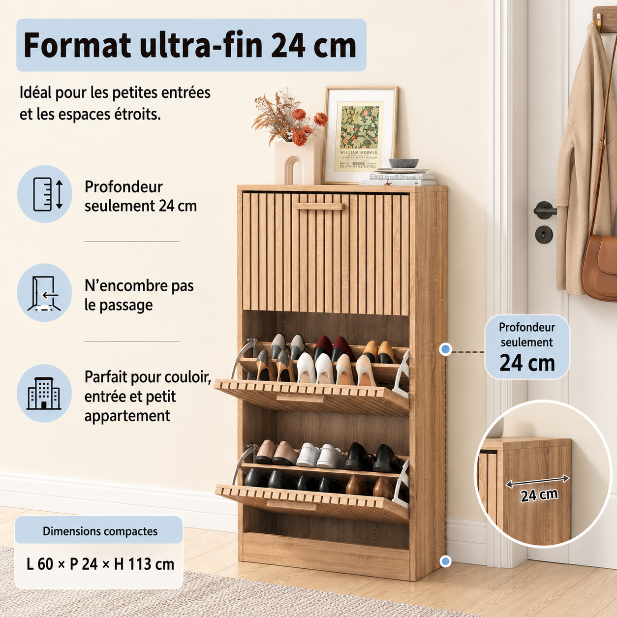 Meuble à chaussures avec 3 abattants avec portes à lamelles, armoire à chaussures slim anti-basculement pour 16 à 24 paires, 60 x 24 x 113. - 7
