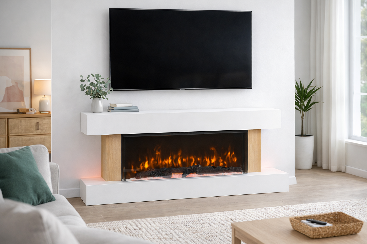 DUPI Chimenea Eléctrica Nero Pro SENZIA | 3 en 1 con Calefacción | 12 Colores Llama | APP Tuya-Smart Life-Alexa | Blanco/Madera | 134x58x21cm - 8