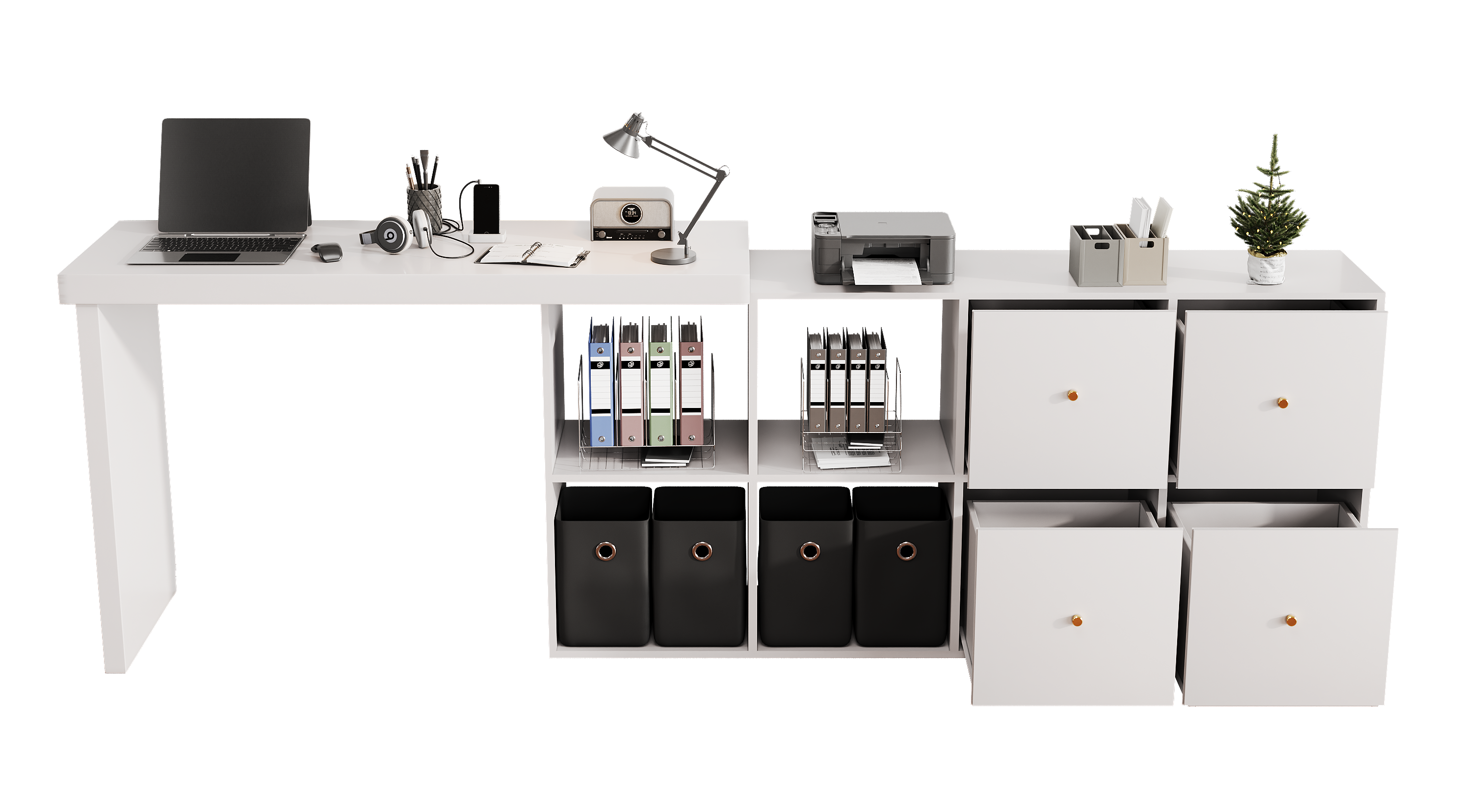 Bureau d'angle pivotant avec 4 compartiments et 4 tiroirs - 120 x 48 x 78 cm + 140 x 35 x 74  cm - MDF - Blanc - 7