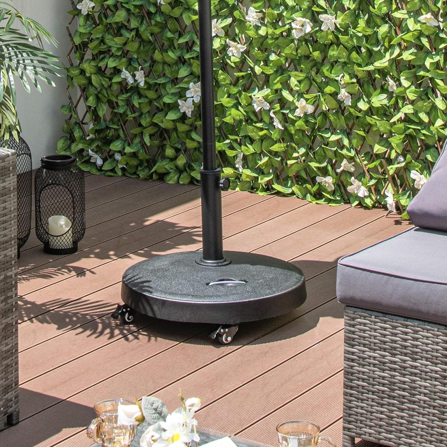 Pied de Parasol sur roulettes φ52CM 23KG, Socle Parasol Extérieur en Résine avec 2 Poignées Rétractables, pour Poteaux de Parasol 38/48 mm - 2