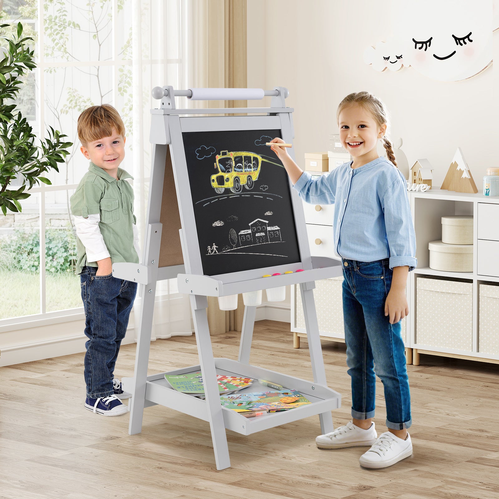 Chevalet Pliable pour Enfants, Double Face avec Tableau Noir et Tableau Blanc Magnétique, Rouleau de Papier Remplaçable, 3 Gobelets, Gris - 8