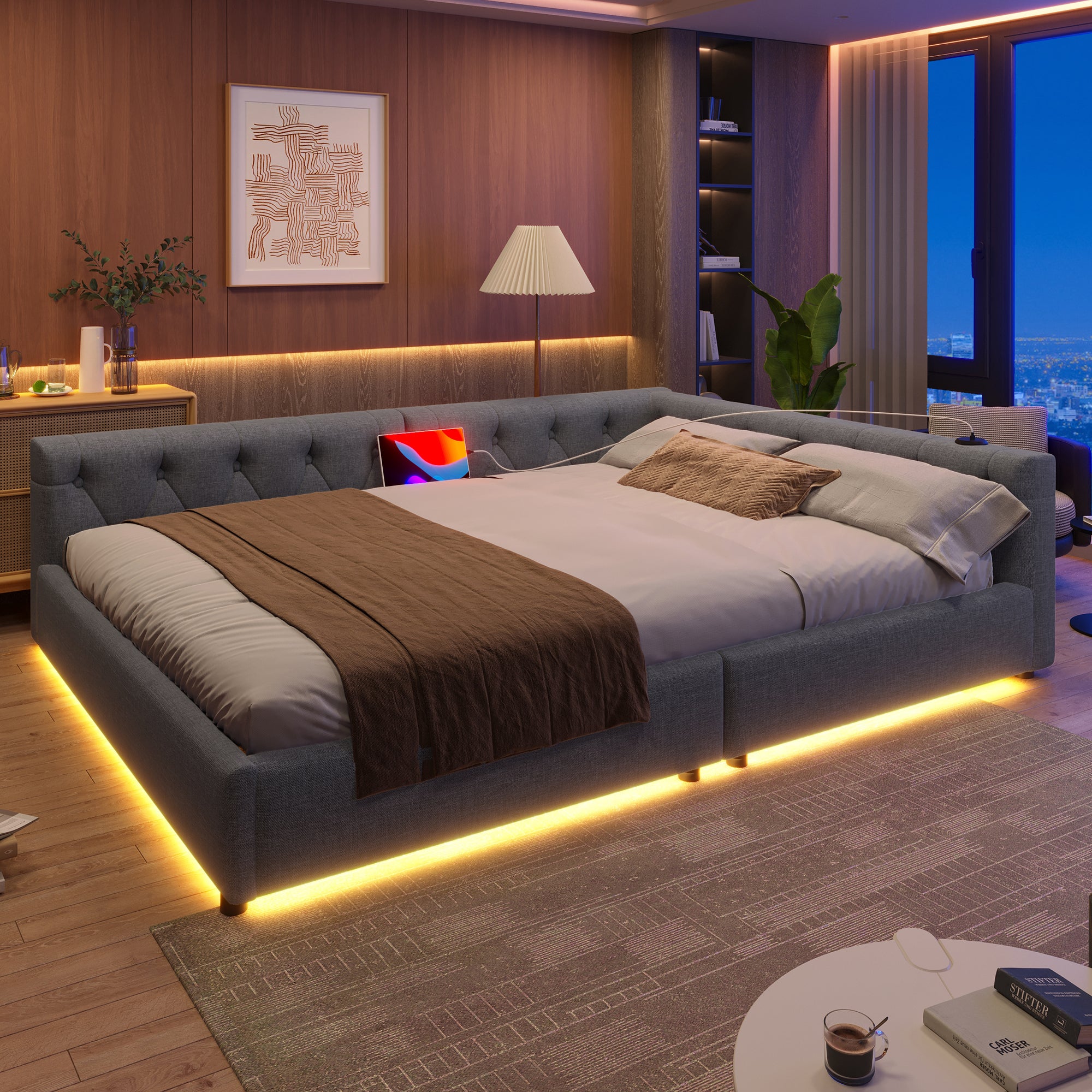 Sofa rozkładana 90x200 cm - z oświetleniem LED - USB + Typ C - lniana - z stelażem - szara (materac nie jest wliczony w cenę)