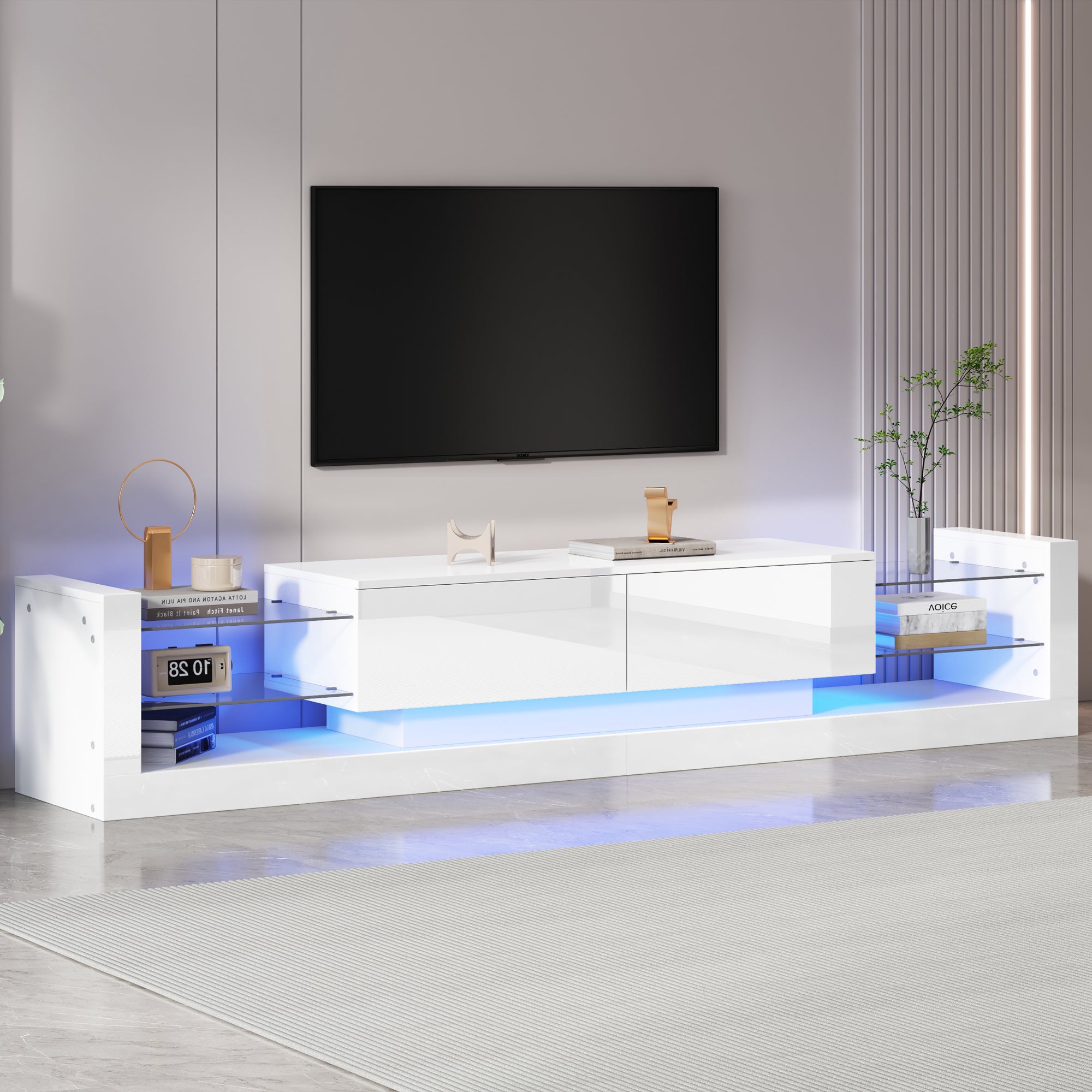 Stilvora  Mueble De Tv De 181 Cm Con Iluminación Led, 2 Cajones Abatibles, Tablero De Partículas, Blanco , Leroy Merlin