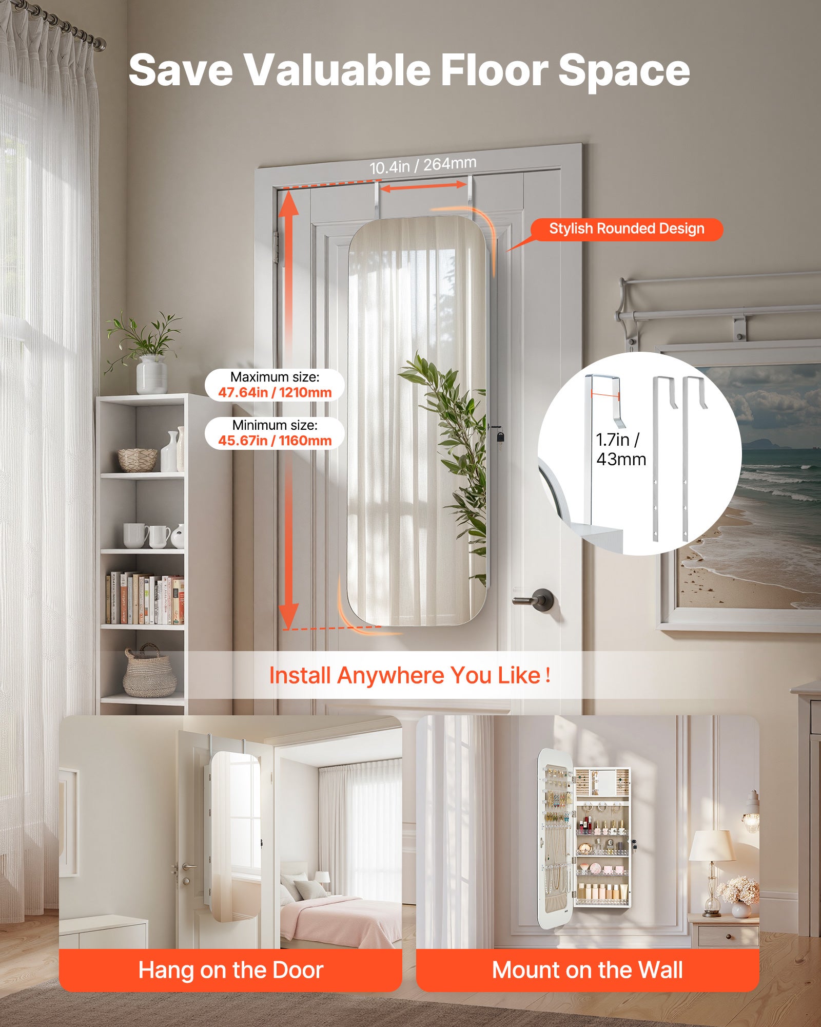 Armoire à Bijoux avec Miroir VEVOR 1080 mm, Organiseur Verrouillable Mural/Sur Porte avec 2 Clés & Compartiments de Rangement, Blanc - 6