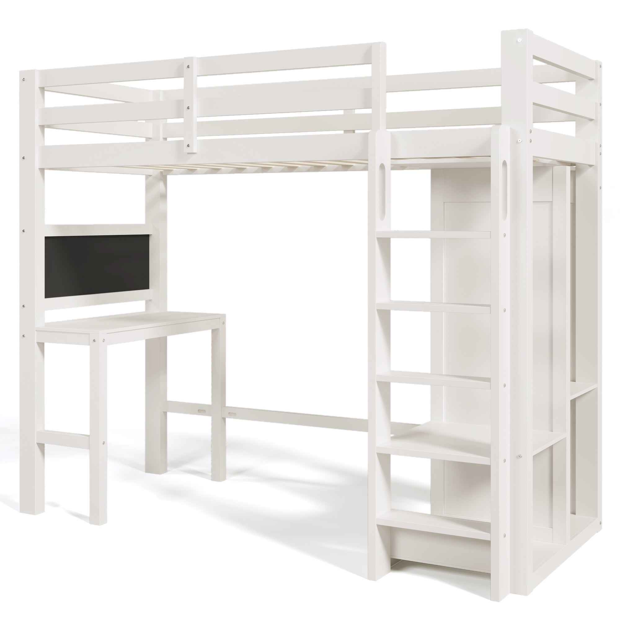 Lit mezzanine 90x200 cm en bois de pin - avec bureau, armoire et étagères - Blanc - 3