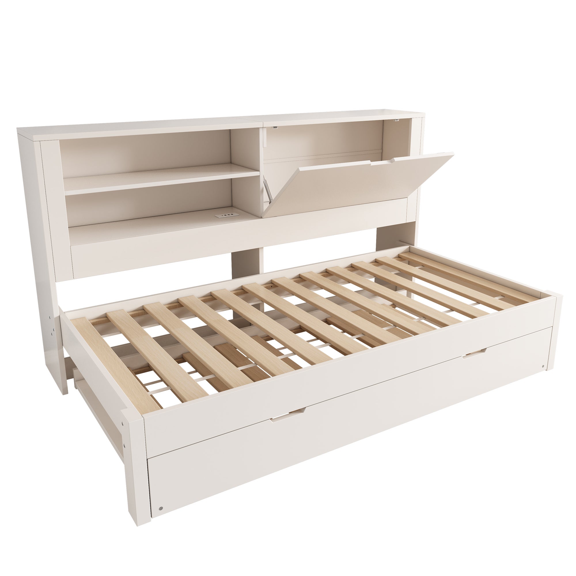 Cama Nido Infantil 90×200 + 90×190 cm con Somier de Madera y USB/USB-C, Sofá Cama con 2 Estantes y Almacenamiento Abatible - Blanco (Sin Colchón) - 8