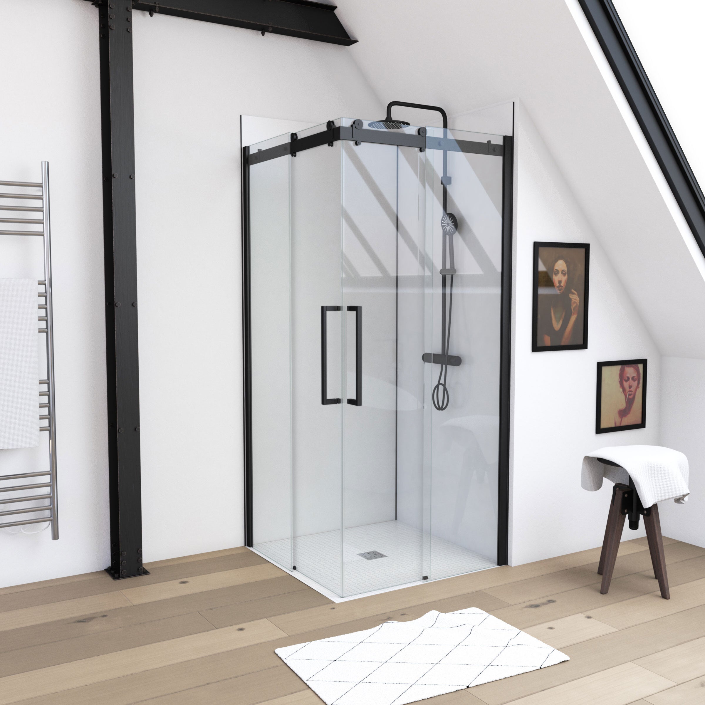 Mampara ángulo industrial 90x90x200 cm negro mate cristal 8 mm